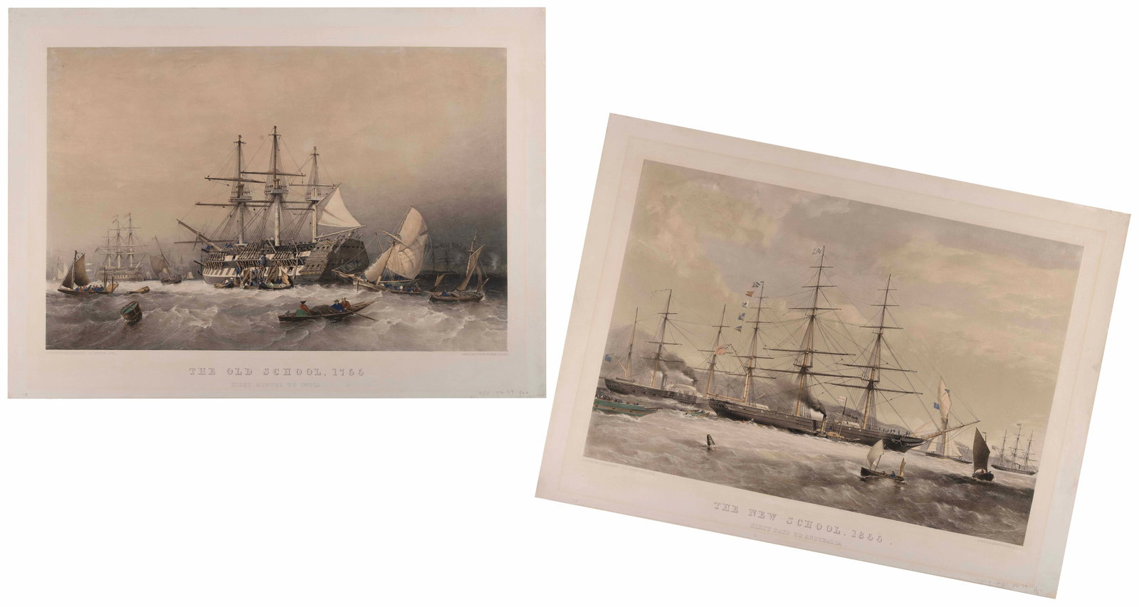 TWO HAND-COLORED LITHOGRAPHS OF MARINE SCENES 19th Century Both approx. 21" x 28.5". Unframed. (1 of 3)