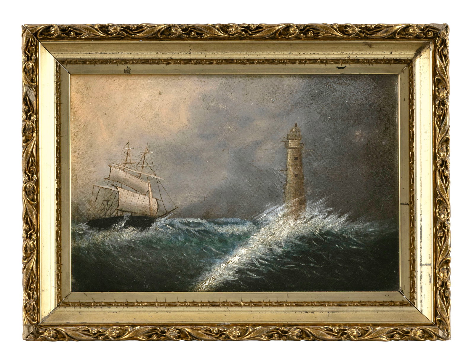 SCHOOL OF CLEMENT DREW (19th Century,), Ship off a lighthouse., Oil on canvas, 8" x 12". Framed 11" (1 of 2)