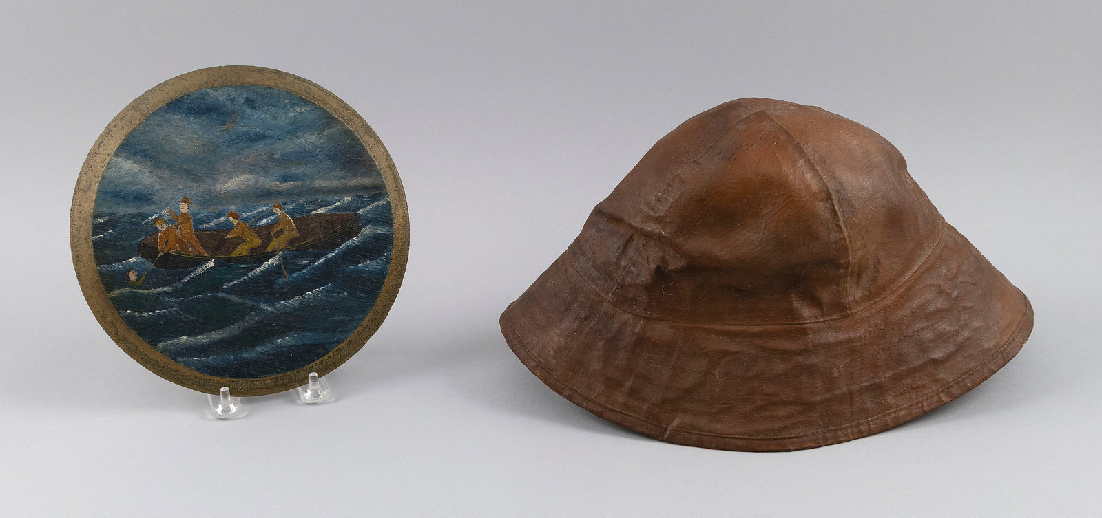 AMERICAN SCHOOL (20th Century,), Lifesaving scene., Oil on board, diameter 8.5". Unframed. (1 of 2)
