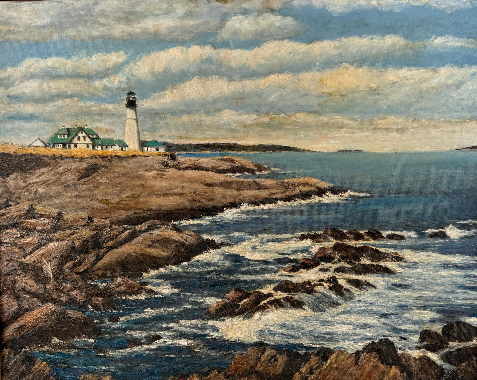 AMERICAN SCHOOL (20th Century,), "Portland Head Light"., Oil on canvas board, 24" x 30". Framed: AMERICAN SCHOOL 20th Century "Portland Head Light". Signed lower right "R.L. Hawkins". Oil on canvas board, 24" x 30". Framed 28.5" x 25".