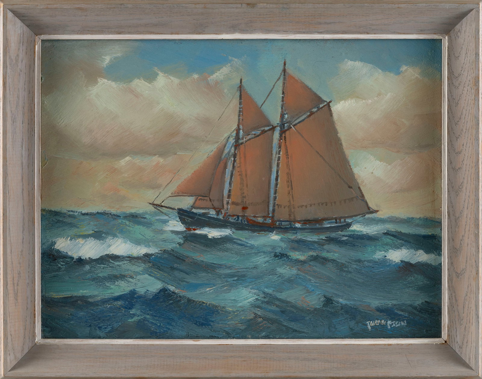 ELLERY THOMPSON (Connecticut, 1899-1987), Schooner under sail., Oil on panel, 17.5" x 24". Framed (1 of 2)