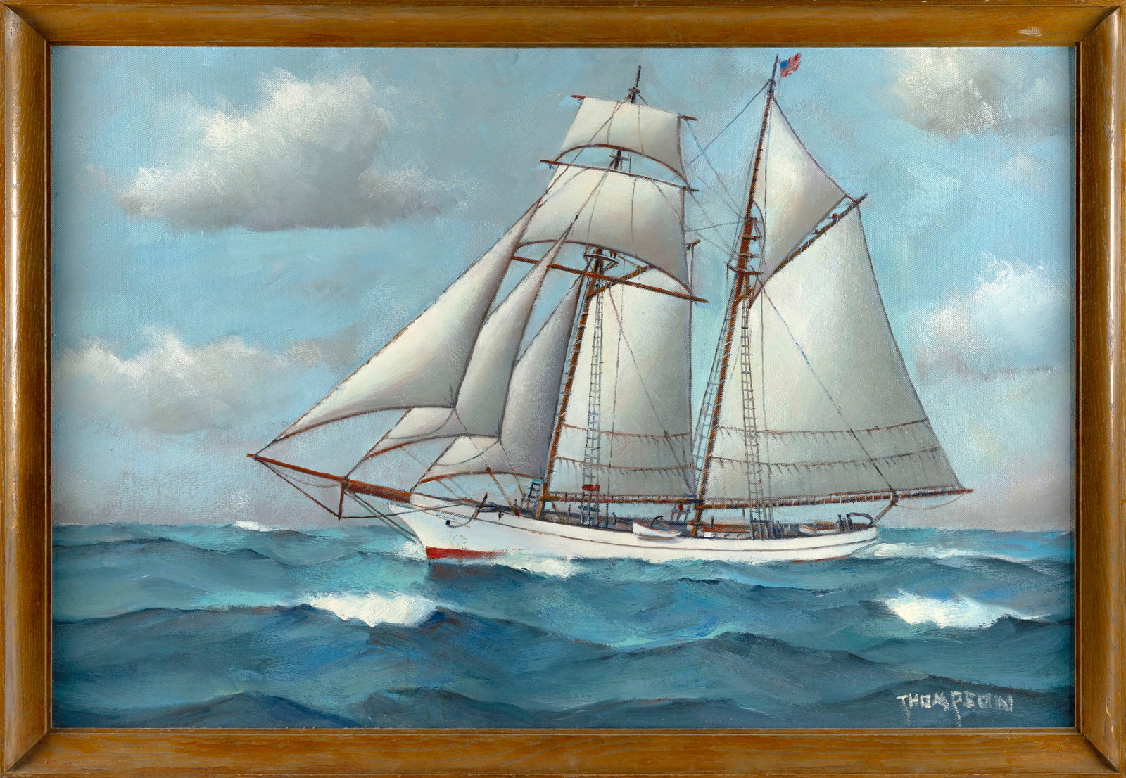 ELLERY THOMPSON (Connecticut, 1899-1987), "Clipper Schooner Shenandoah"., Oil on masonite, 32" x: ELLERY THOMPSON Connecticut, 1899-1987 "Clipper Schooner Shenandoah". Signed lower right "Thompson". Signed, titled and dated 1967 verso. Oil on masonite, 32" x 48". Framed 36" x 52".