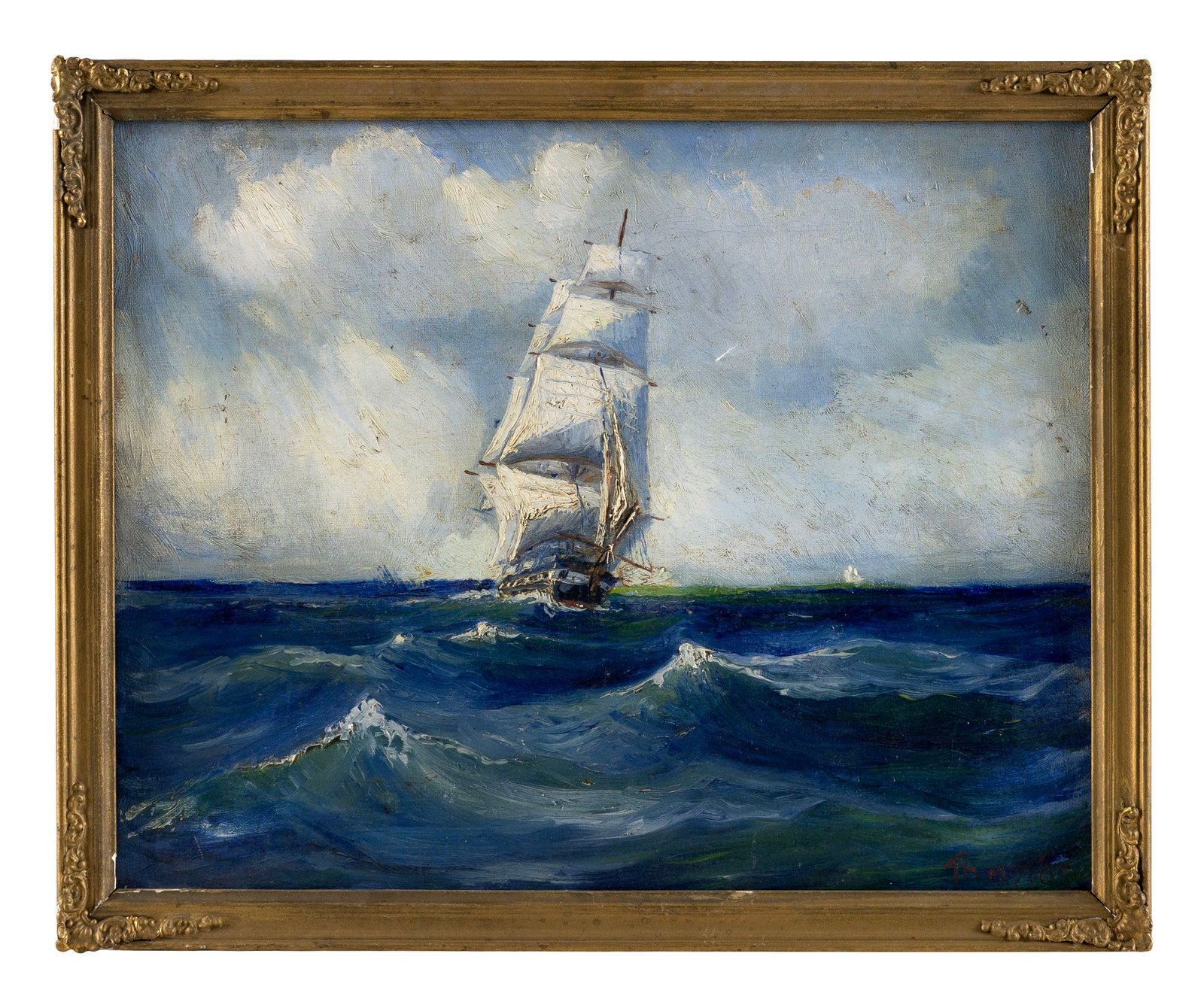 AMERICAN SCHOOL (20th Century,), Ship at sea., Oil on canvas, 11" x 14". Framed 12" x 15". (1 of 2)