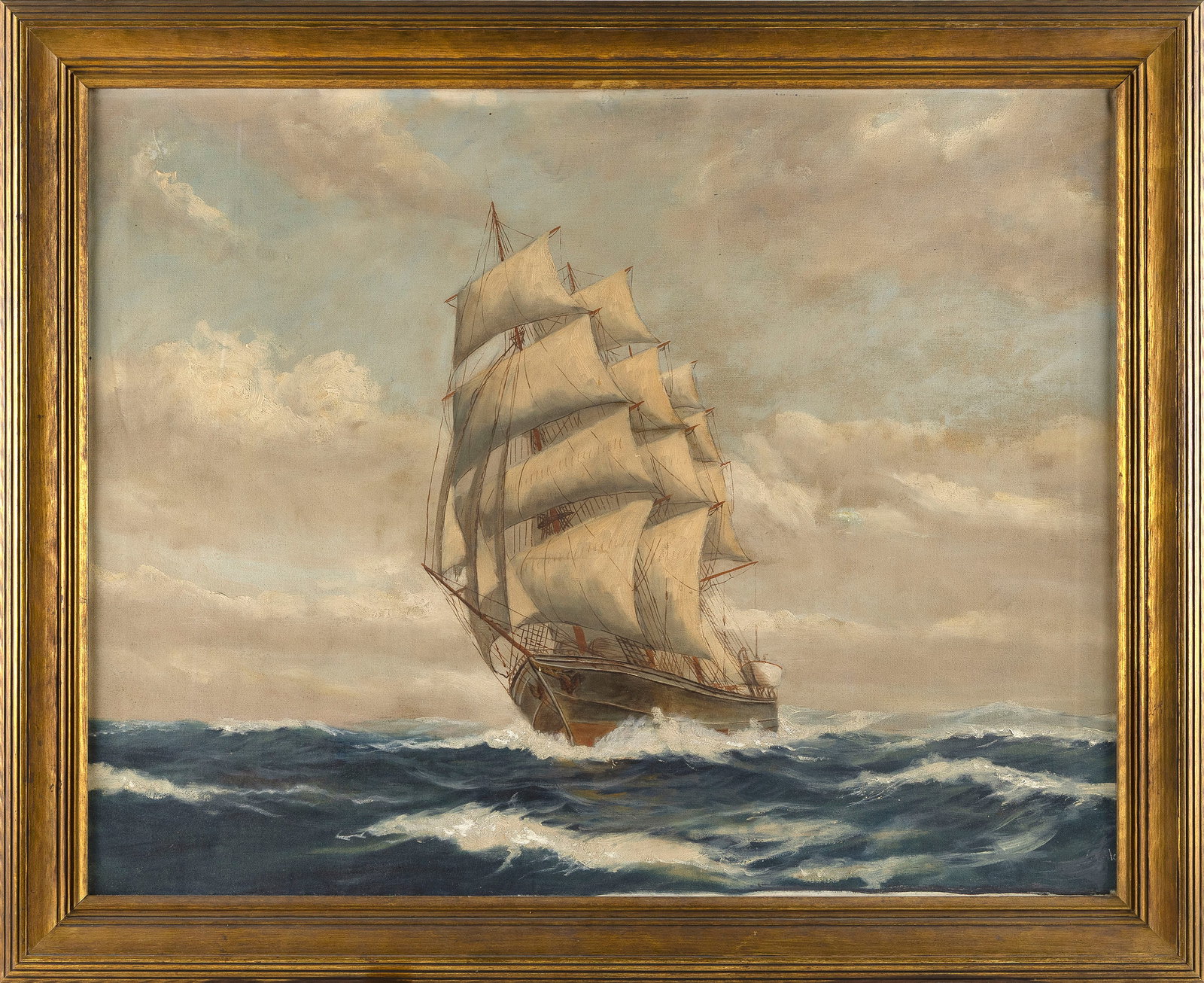 AMERICAN SCHOOL (20th Century,), Ship with a bone in her teeth., Oil on canvas, 28" x 36". Framed (1 of 2)