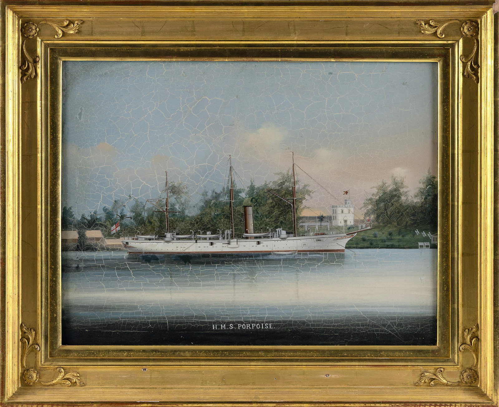CHINA TRADE SCHOOL (19th Century,), Portrait of the "H.M.S. Porpoise"., Oil on canvas, 17.5" x (1 of 2)