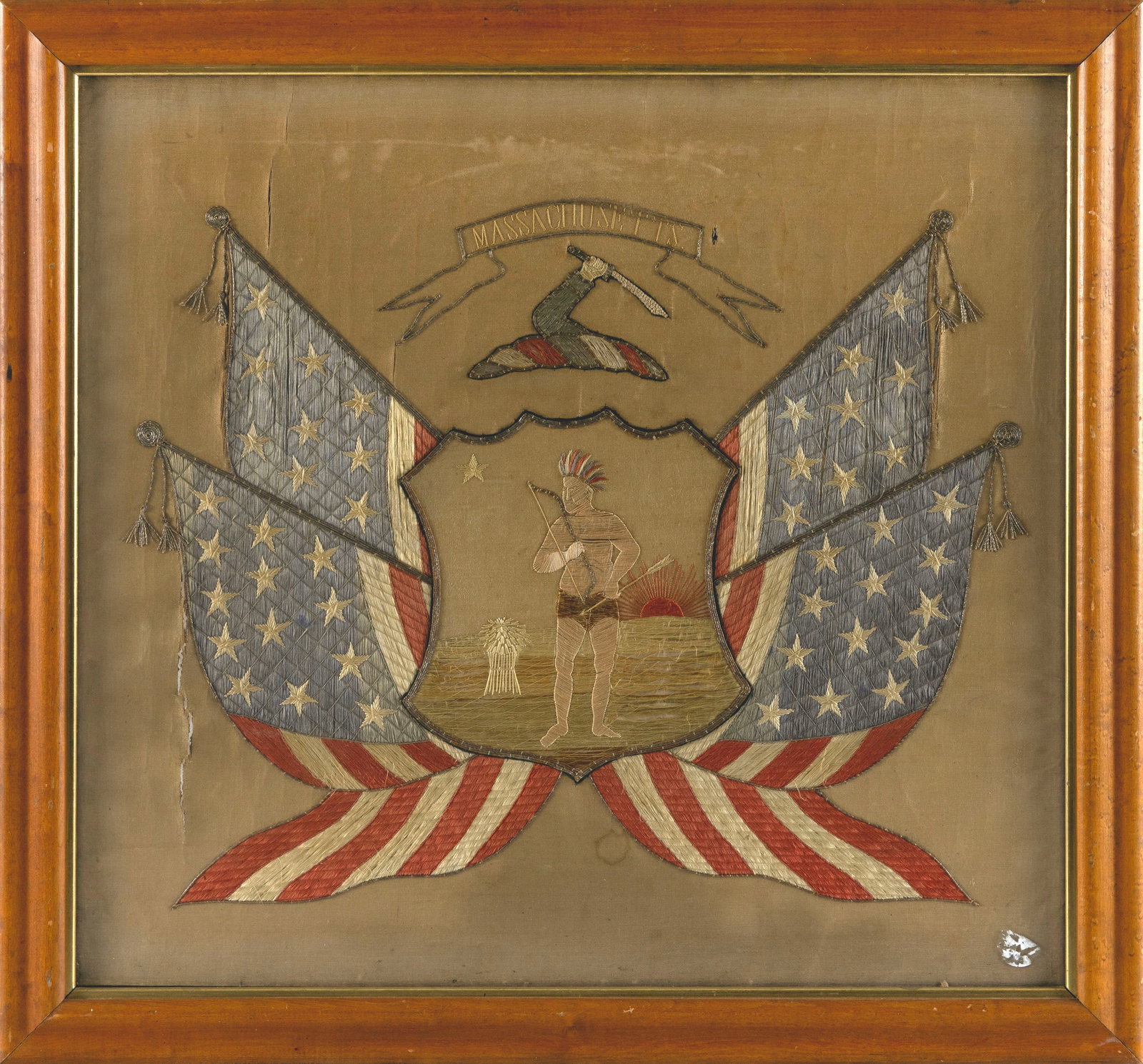 JAPANESE EXPORT SILK EMBROIDERY FEATURING THE SEAL OF MASSACHUSETTS Late 19th/Early 20th Century 20": JAPANESE EXPORT SILK EMBROIDERY FEATURING THE SEAL OF MASSACHUSETTS Late 19th/Early 20th Century Housed in a bird's-eye maple frame. 20" x 21.75" sight. Framed 24" x 25.5".