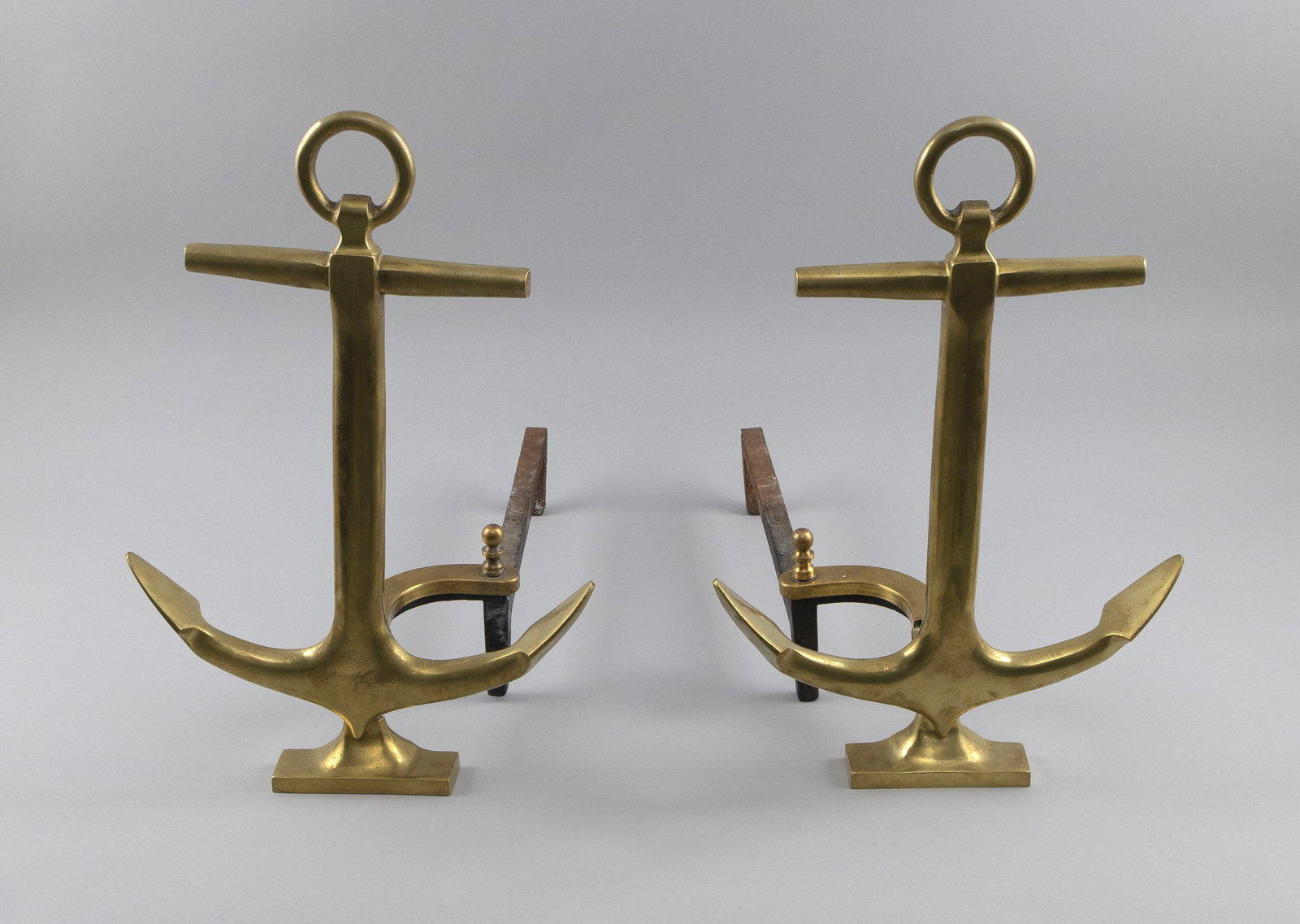 PAIR OF VINTAGE CAST BRASS ANCHOR ANDIRONS 20th Century Heights 14.5". Widths 12". Depths 18". (1 of 1)