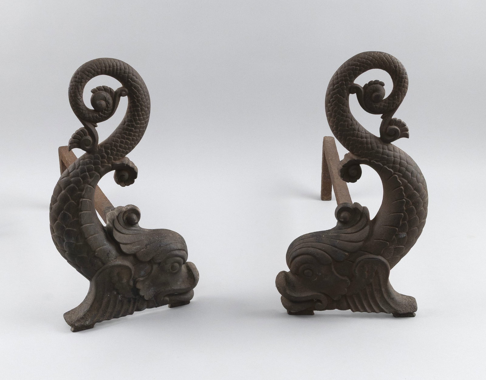 PAIR OF BRADLEY & HUBBARD CAST IRON DOLPHIN ANDIRONS Meriden, Connecticut, 19th Century Heights (1 of 2)