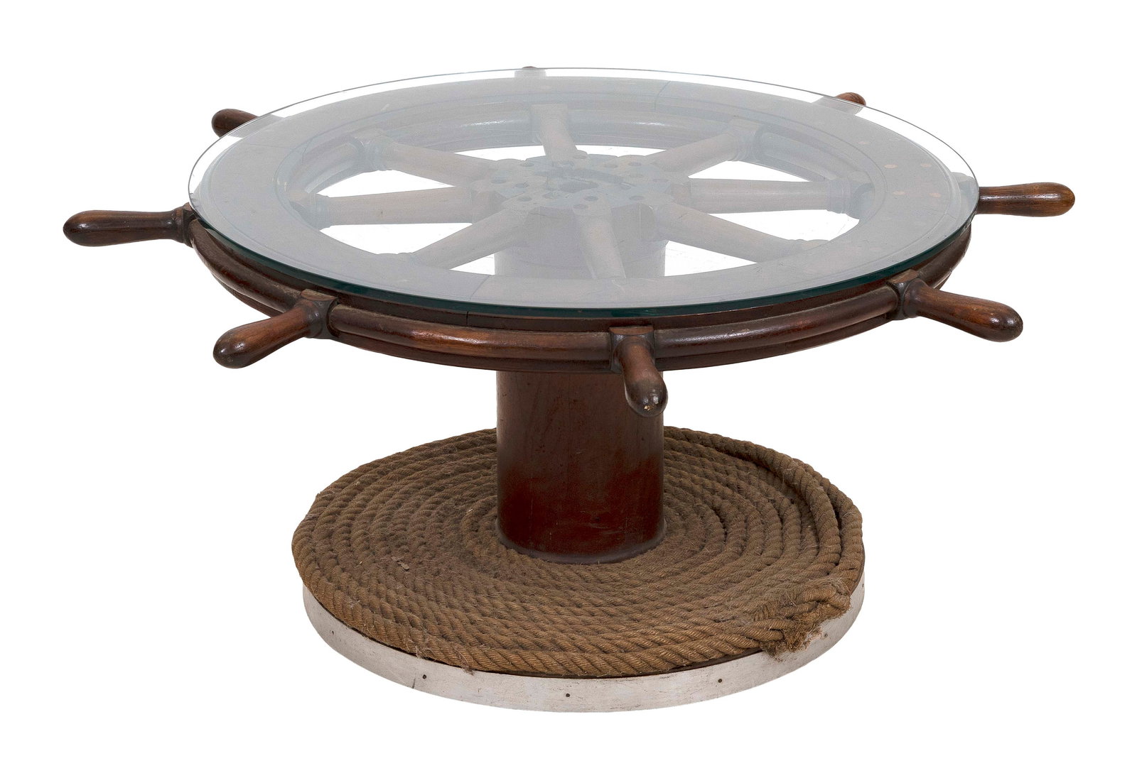 SHIP'S WHEEL COFFEE TABLE 19th Century Height 18.5". Top diameter 41".: SHIP'S WHEEL COFFEE TABLE 19th Century Mahogany wheel on a ropework base. Height 18.5". Top diameter 41".