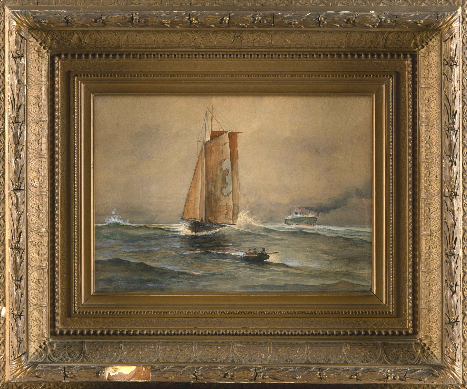 GEORGES JEAN MARIE HAQUETTE (France, 1854-1906), A sailing vessel, a dory and a steamship at sea., (1 of 2)
