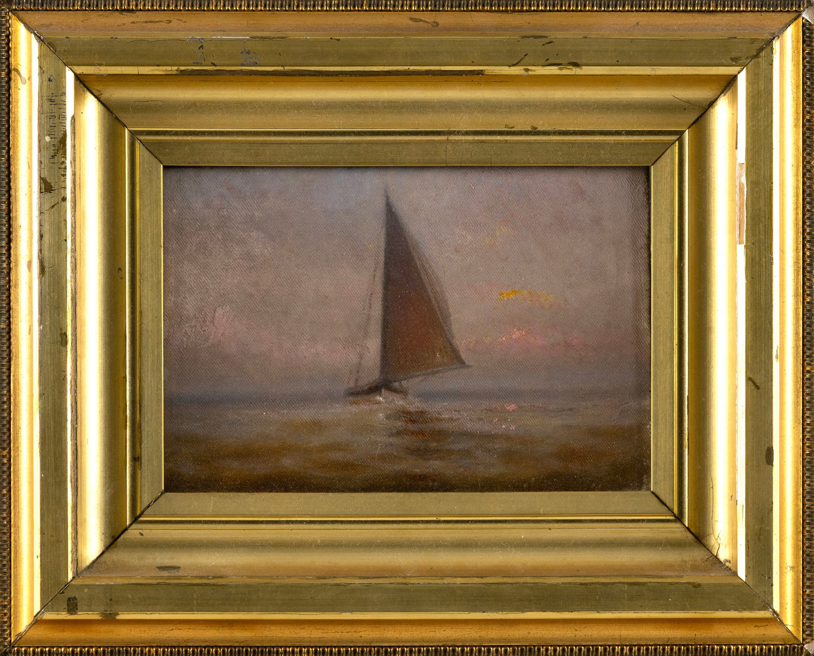 AMERICAN SCHOOL (19th Century,), Sailboat at sunset., Oil on canvas, 6" x 9". Framed 12" x 14.5". (1 of 2)