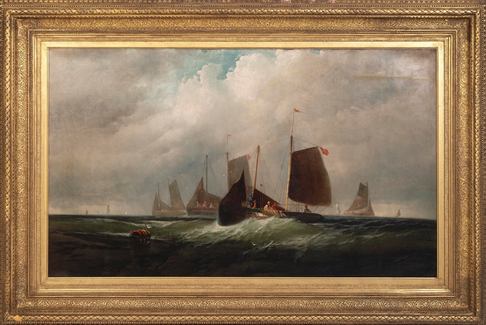 AMERICAN SCHOOL (19th Century,), Fishing vessels under a dramatic sky., Oil on canvas, 30" x 51.25". (1 of 2)