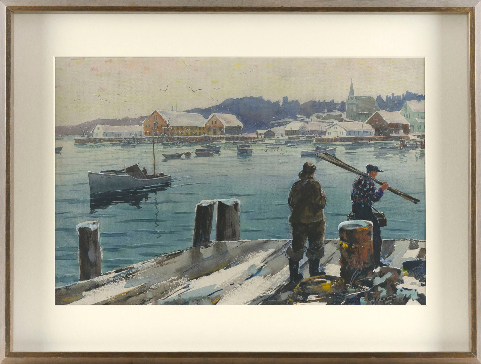 C. IVAR GILBERT (New York/New Hampshire, 1882-1972), Figures on a dock., Watercolor on paper, 13.5": C. IVAR GILBERT New York/New Hampshire, 1882-1972 Figures on a dock. Signed lower right "C. Ivar Gilbert". Watercolor on paper, 13.5" x 20.5" sight. Framed 20" x 27".