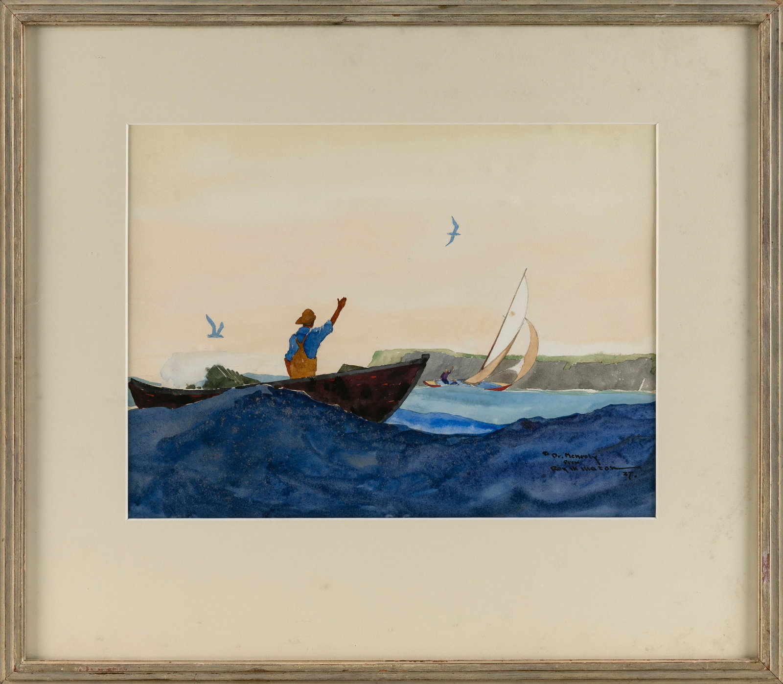 ROY MARTELL MASON (New York/California, 1886-1972), Fisherman waving to yachtsman., Watercolor on (1 of 2)
