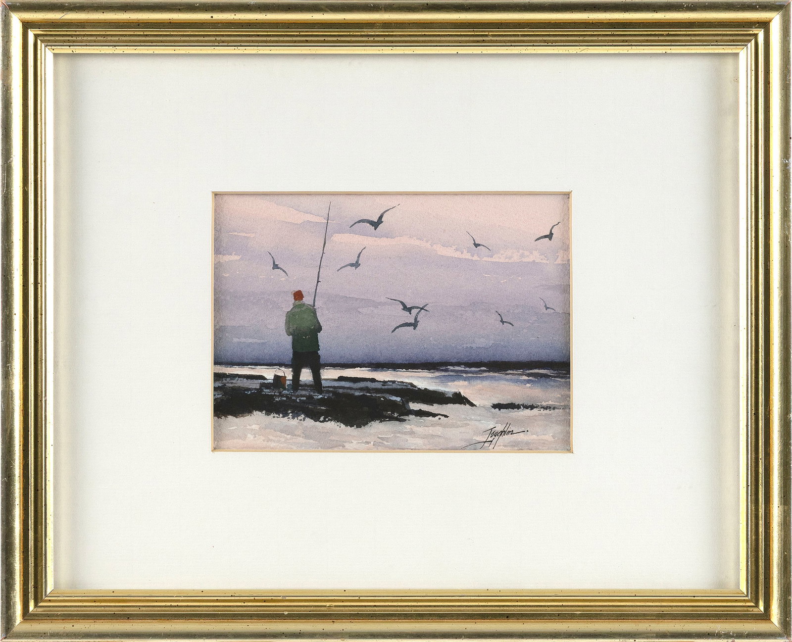 JOHN LOUGHLIN (Massachusetts, 1931-2004), "Surf Fishing"., Watercolor on paper, 5" x 7". Framed (1 of 2)