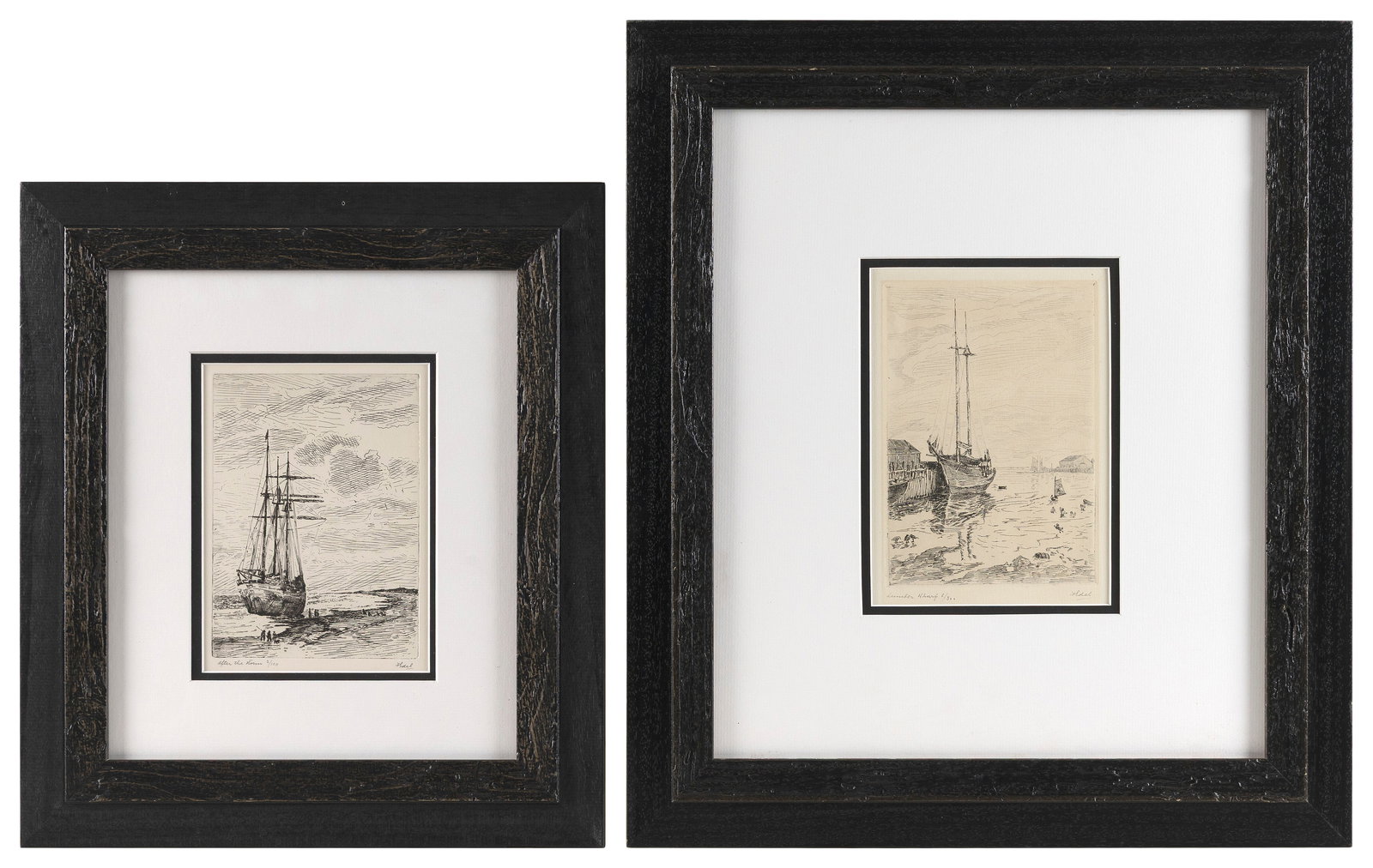 ALBERT EDEL (Massachusetts/France, 1894-1970), Two prints of nautical interest:, Etchings, 8" x 6": ALBERT EDEL Massachusetts/France, 1894-1970 Two prints of nautical interest: 1) "After the Storm". Signed lower right "Edel". Numbered 2/100. 2) "Lumber Wharf". Signed lower right "Edel". Numbered 6/3