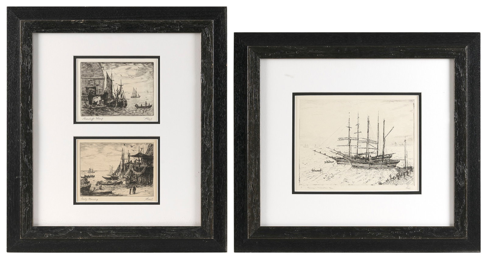 ALBERT EDEL (Massachusetts/France, 1894-1970), Three prints of nautical interest:, Etchings, 5" x 7": ALBERT EDEL Massachusetts/France, 1894-1970 Three prints of nautical interest: 1) "Sunny Morning in Provincetown". Signed lower right. Numbered 8/300. 2-3) "Early Morning" and "Skarloff Wharf". Both s
