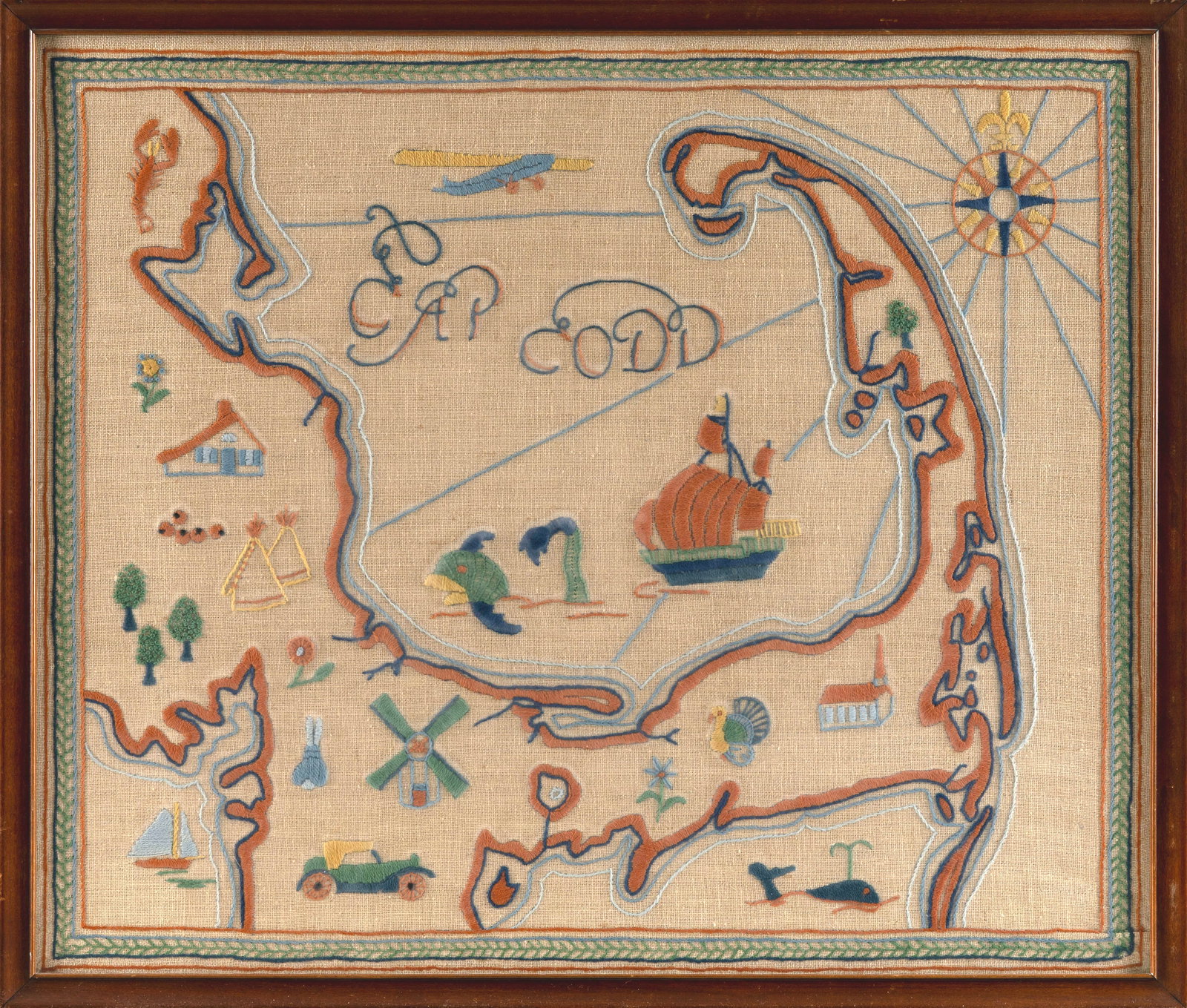 "CAP CODD" NEEDLEWORK 20th Century Framed 20" x 23.5". (1 of 2)