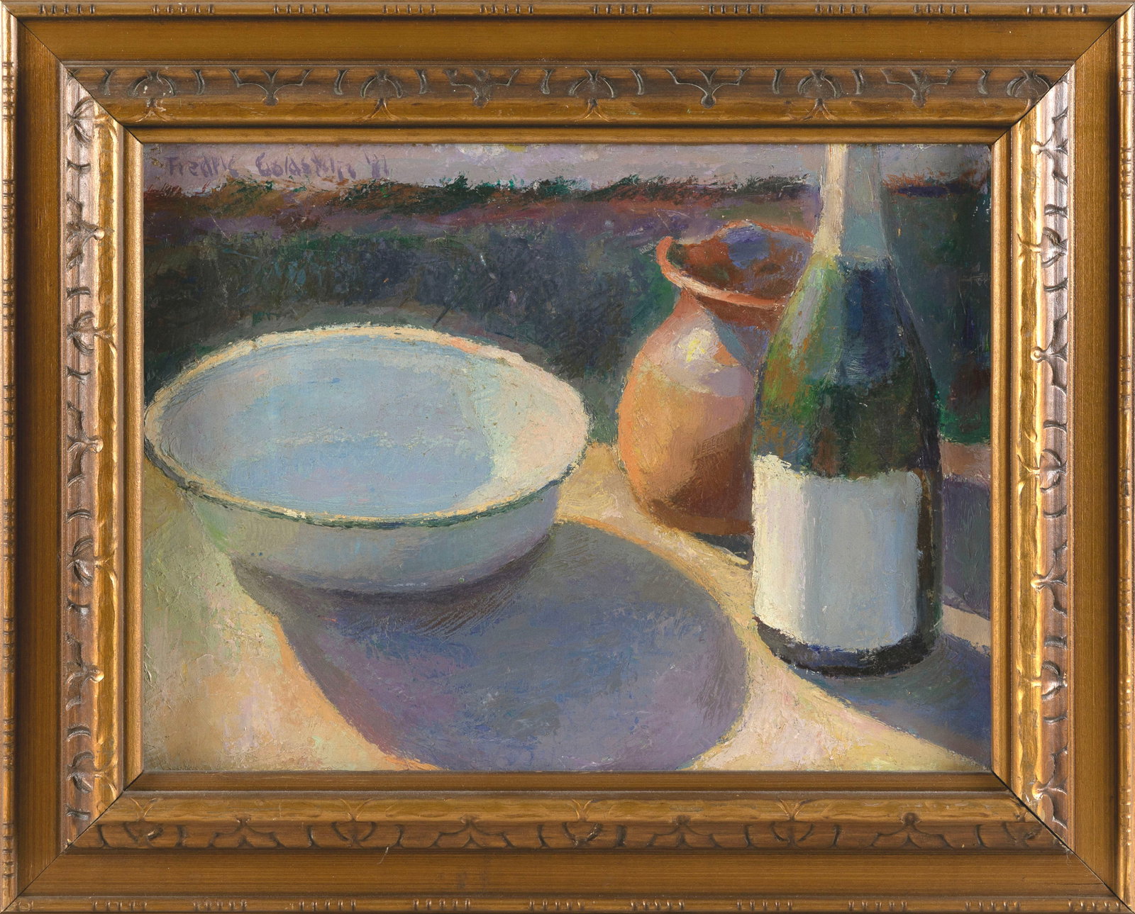 FREDRIC GOLDSTEIN (America, 20/21st Century), Double-sided work, both sides with still lifes in the: FREDRIC GOLDSTEIN America, 20/21st Century Double-sided work, both sides with still lifes in the style of Henry Hensche. Recto signed and dated upper left "Fredric Goldstein '81". Oil on board, 12" x 