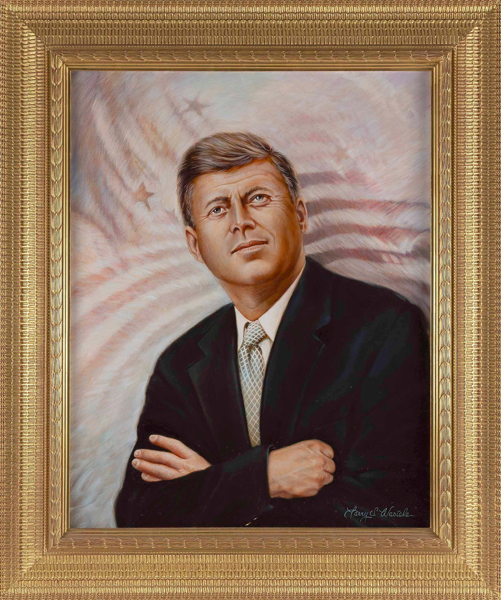 LARRY S. WASIELE (Connecticut, Contemporary), Portrait of John Fitzgerald Kennedy., Oil on canvas,: LARRY S. WASIELE Connecticut, Contemporary Portrait of John Fitzgerald Kennedy. Signed lower right "Larry S. Wasiele". Oil on canvas, 30" x 24". Framed 39" x 33".