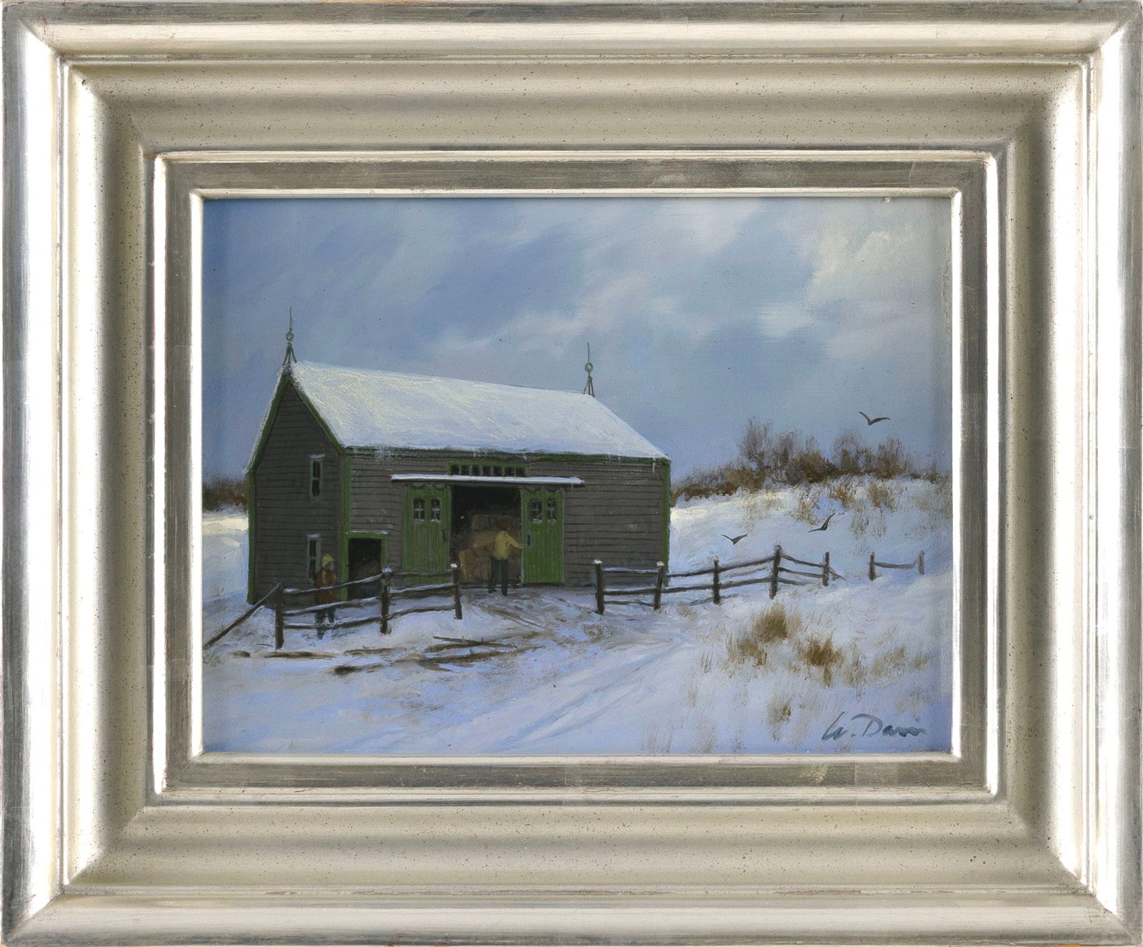 WILLIAM R. DAVIS (Massachusetts, 1952-), "Hay Barn and Early Snow"., Oil on panel, 6" x 8". Framed: WILLIAM R. DAVIS Massachusetts, 1952- "Hay Barn and Early Snow". Signed lower right "W. Davis". Signed and titled verso. Oil on panel, 6" x 8". Framed 9.5" x 11.5".