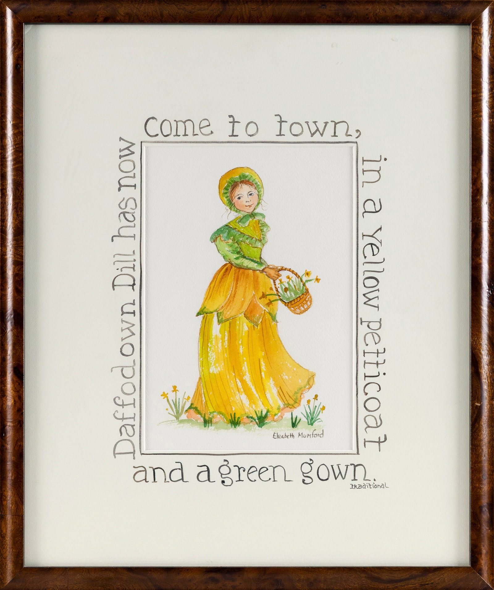 ELIZABETH MUMFORD (Massachusetts, 1950-2020), "Daffodown Dill has now come to town, in a yellow (1 of 2)