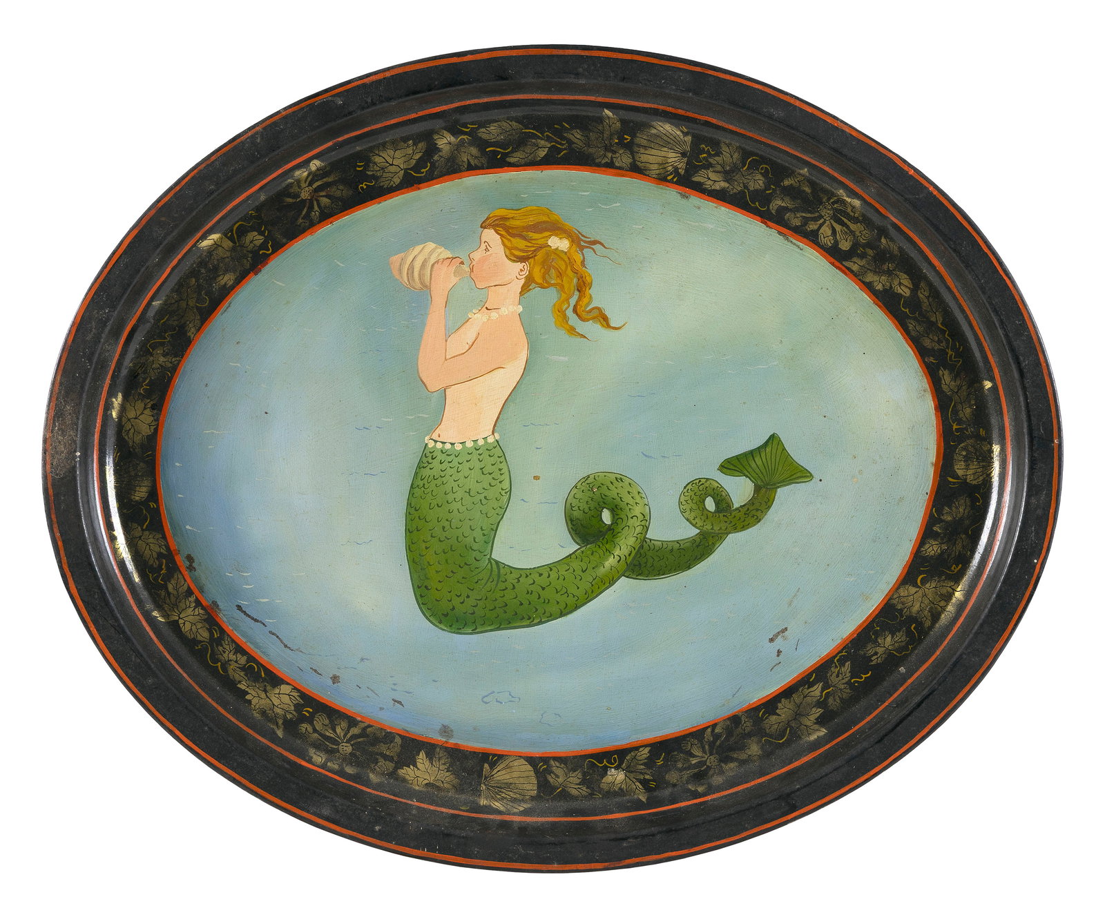 ATTRIBUTED TO ELIZABETH MUMFORD (Massachusetts, 1950-2020), Tray with painted decoration of a: ATTRIBUTED TO ELIZABETH MUMFORD Massachusetts, 1950-2020 Tray with painted decoration of a mermaid playing a conch shell. Unsigned. 19.5" x 20".