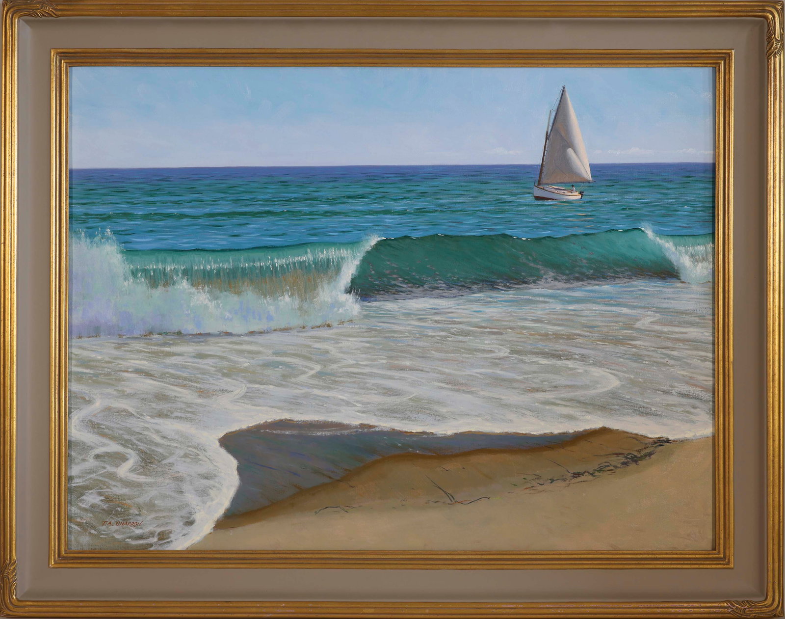 T.A. CHARRON (Massachusetts, 1950-), Catboat by the Shoreline., Oil on linen, 30" x 40". Framed 37": T.A. CHARRON Massachusetts, 1950- Catboat by the Shoreline. Signed lower left. Oil on linen, 30" x 40". Framed 37" x 47".