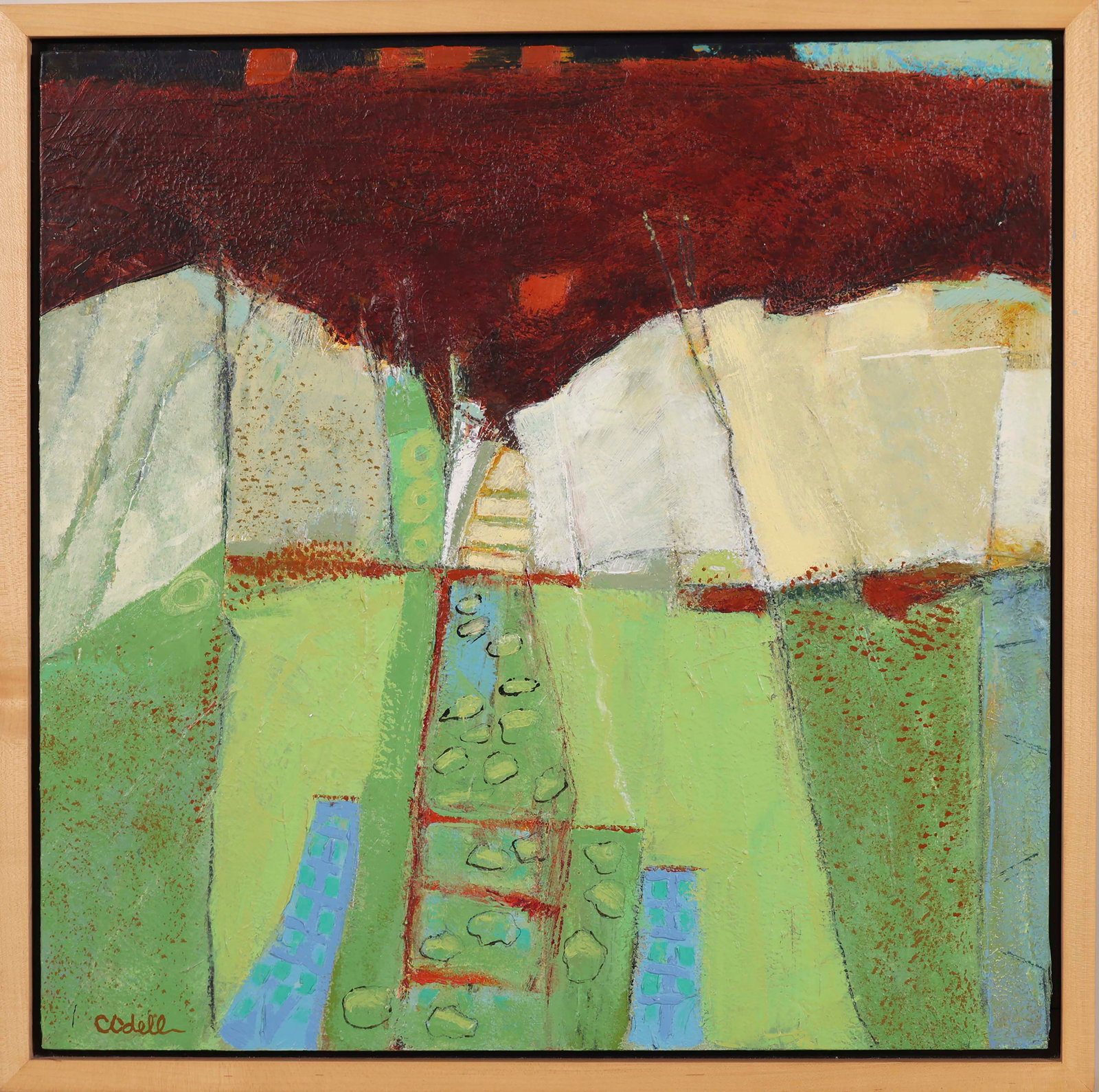 CAROL ODELL (Chatham, Massachusetts, 1943-), Red Walking Out., Oil on panel, 20" x 20". Framed 22" x (1 of 1)