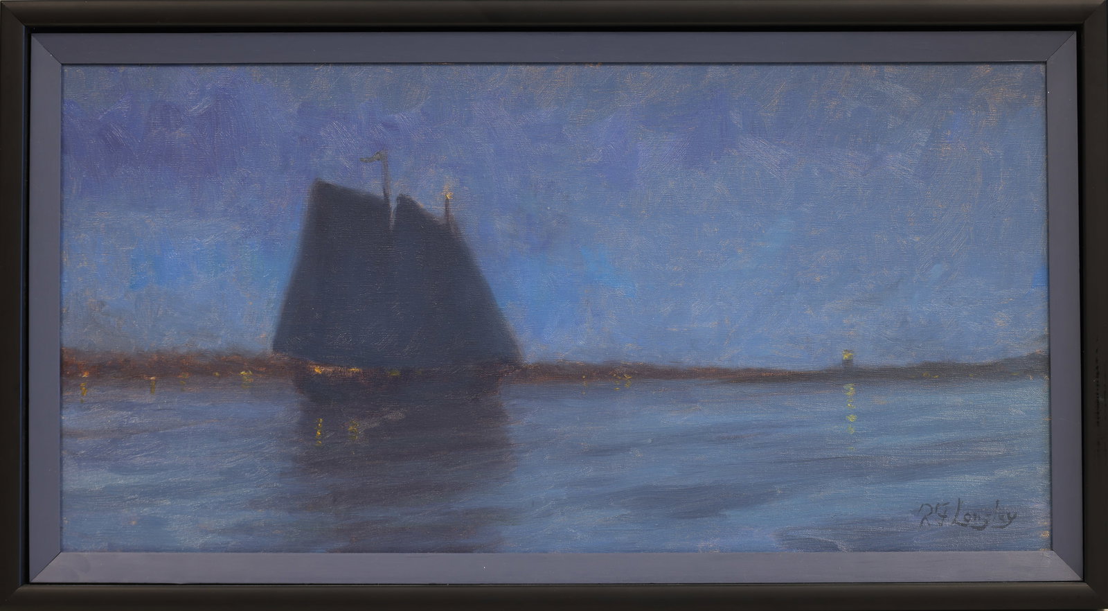 ROBERT LONGLEY (Provincetown, Massachusetts, 1951-), Moonlight Cruise., Oil on canvas, 12" x 24".: ROBERT LONGLEY Provincetown, Massachusetts, 1951- Moonlight Cruise. Signed lower right. Oil on canvas, 12" x 24". Framed 14" x 25".