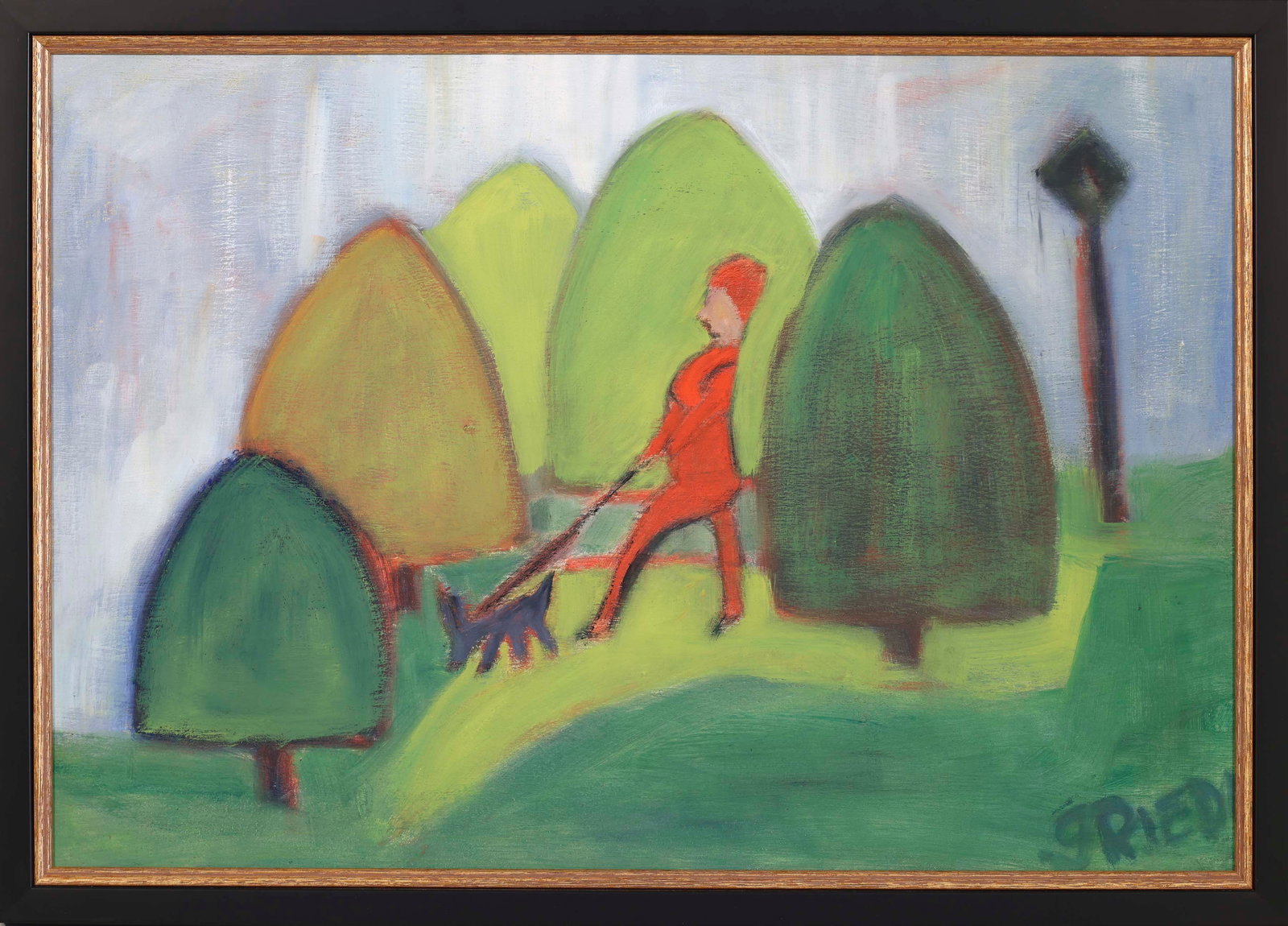 GEORGENE RIEDL (Cape Cod, Massachusetts, Contemporary), The Dog Walker., Oil on board, 17" x 25".: GEORGENE RIEDL Cape Cod, Massachusetts, Contemporary The Dog Walker. Signed lower right. Oil on board, 17" x 25". Framed 19" x 27".
