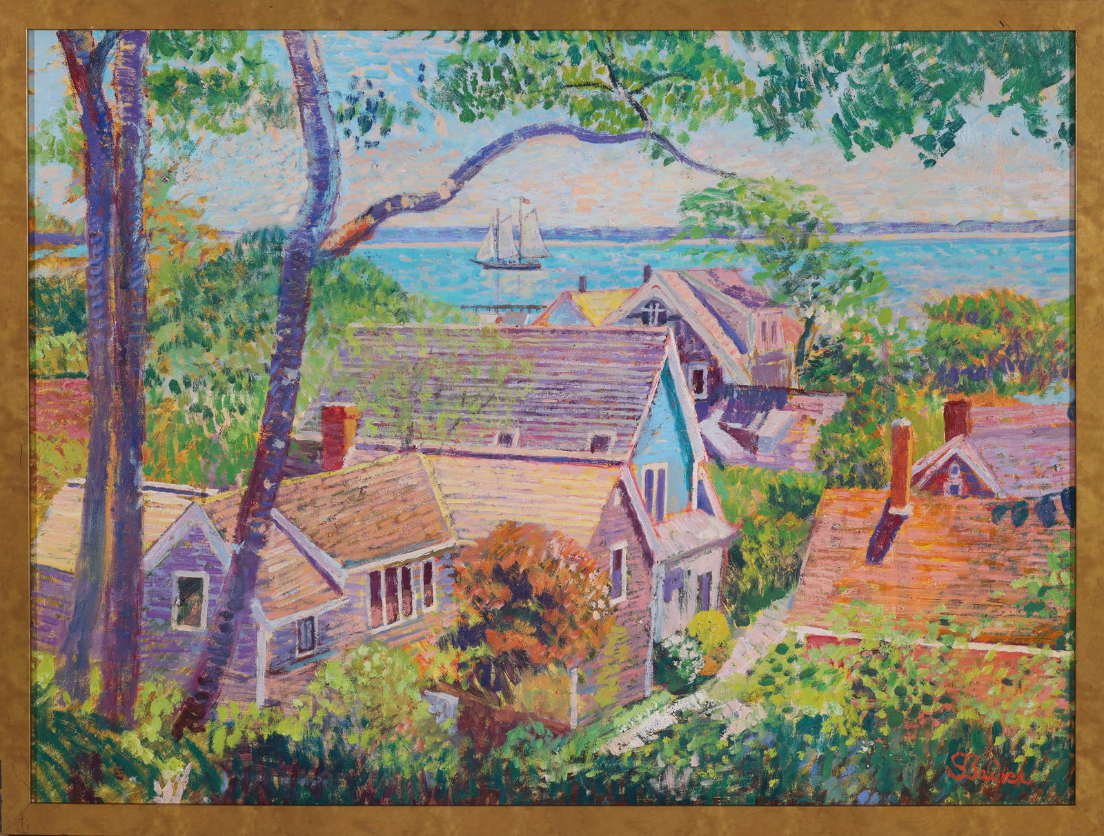 SAM BARBER (Centerville, Massachusetts/Italy, 1943-), View of Provincetown from Bradford Street.,: SAM BARBER Centerville, Massachusetts/Italy, 1943- View of Provincetown from Bradford Street. Signed lower right. Oil on canvas, 24" x 30". Framed 25.75" x 33.75".