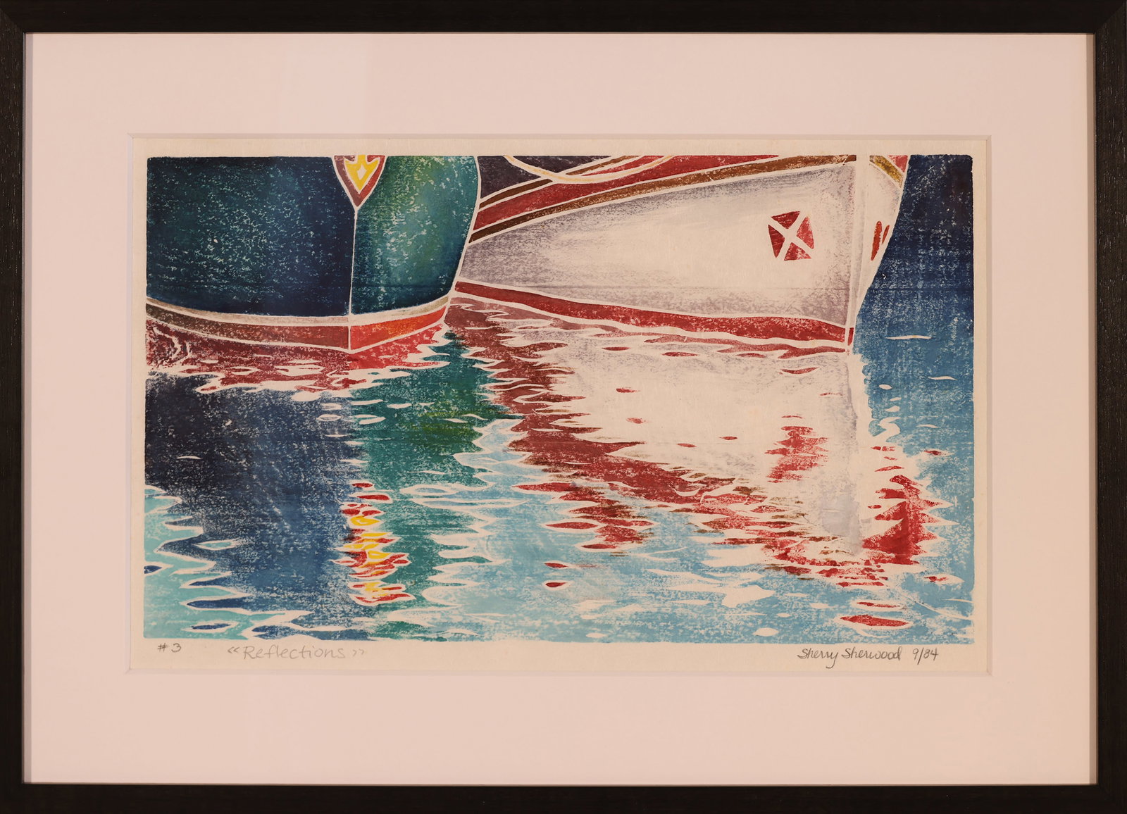 SHERRY SHERWOOD (Maryland/Massachusetts, Contemporary), Reflections., White-line color woodcut, 11": SHERRY SHERWOOD Maryland/Massachusetts, Contemporary Reflections. Signed and titled lower margin. White-line color woodcut, 11" x 18". Framed 20" x 25".