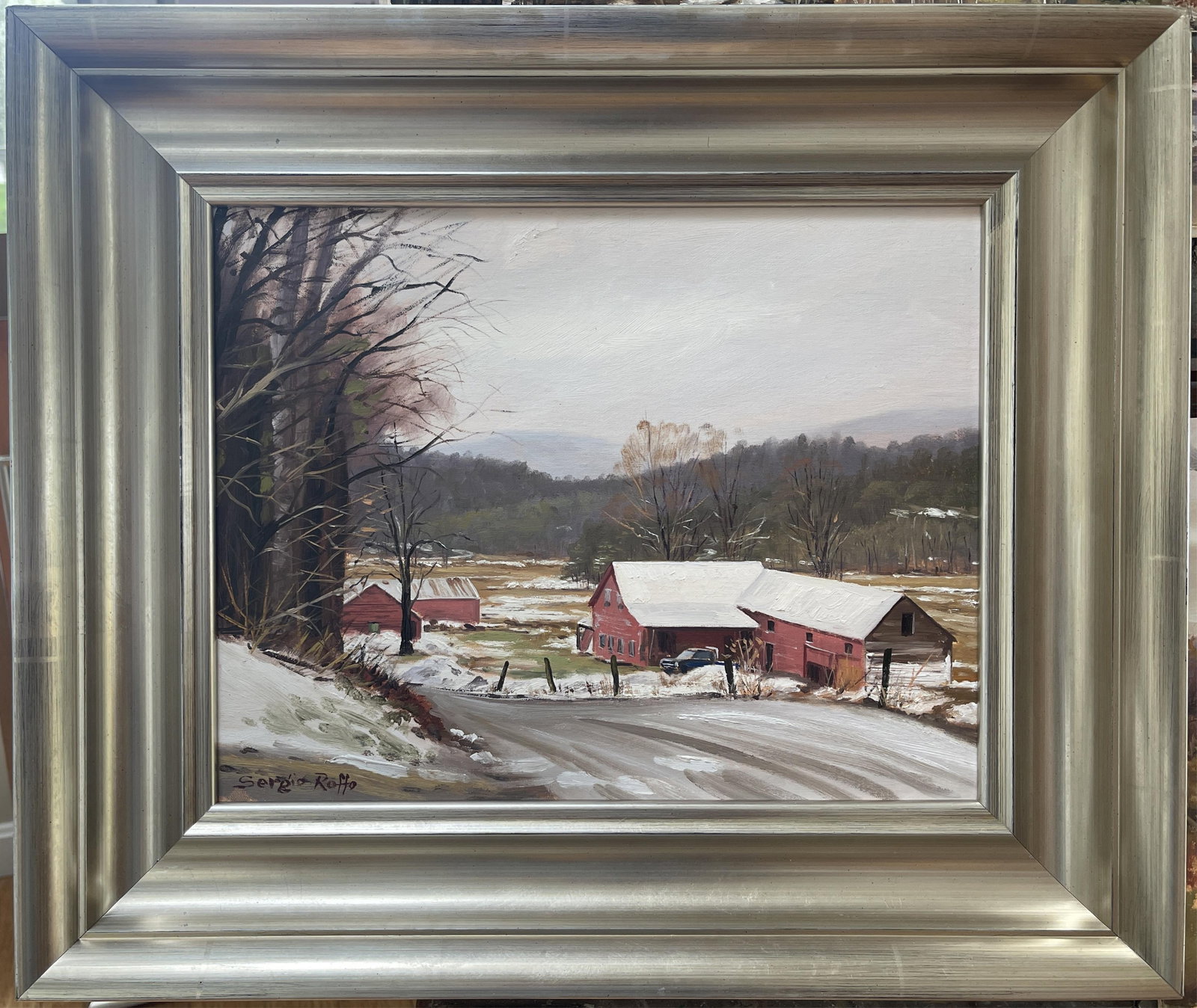 SERGIO ROFFO (Massachusetts/Italy, 1953-), Fog in the Valley, near Stowe, Vermont., Oil on linen: SERGIO ROFFO Massachusetts/Italy, 1953- Fog in the Valley, near Stowe, Vermont. Signed lower left. Oil on linen gator board, 11" x 14". Framed 16.5" x 19.5".