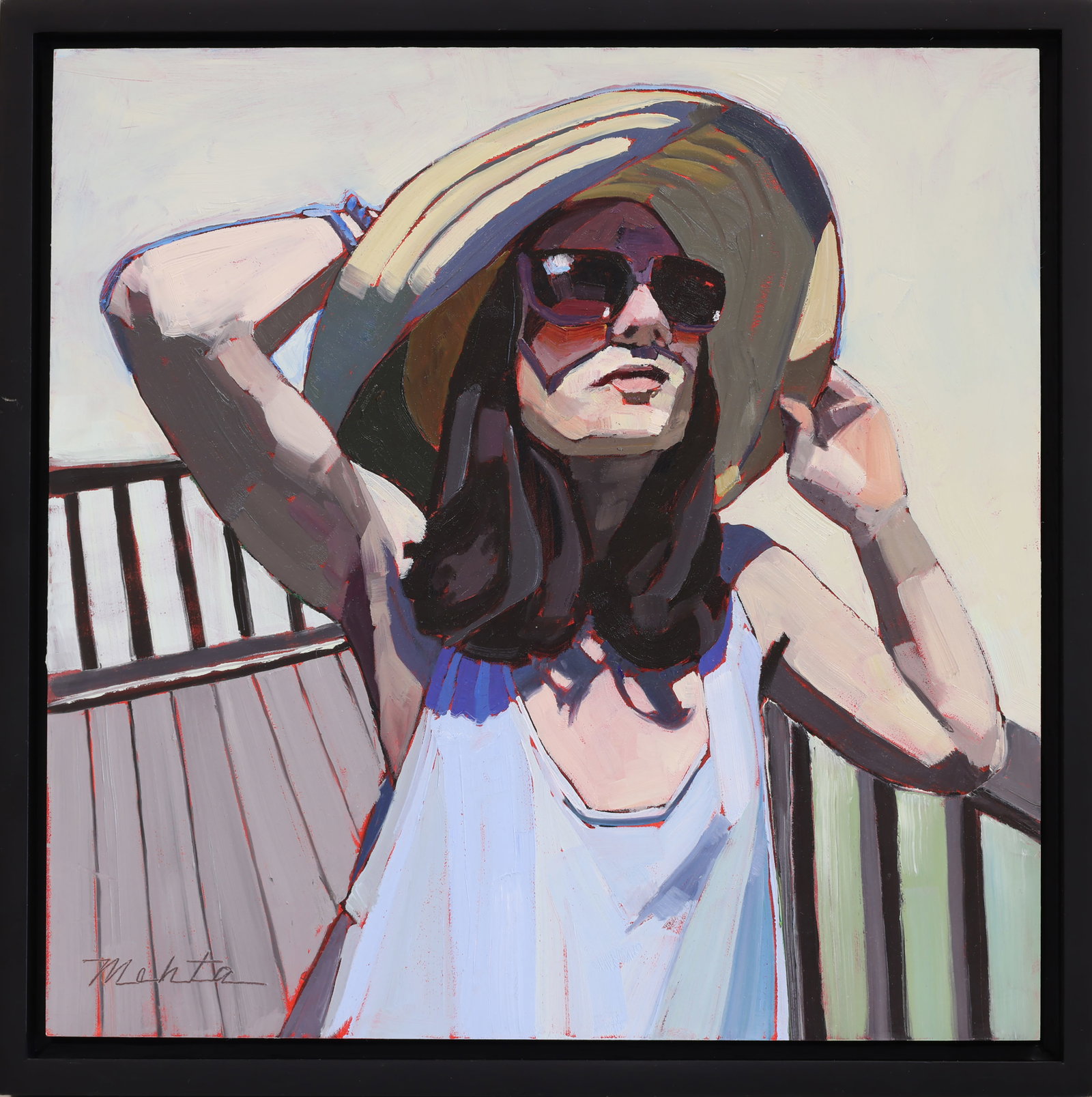 LORI MEHTA (Massachusetts, 1977-), Sun Hat., Oil on cradled board, 12" x 12". Framed 13" x 13".: LORI MEHTA Massachusetts, 1977- Sun Hat. Signed lower left. Oil on cradled board, 12" x 12". Framed 13" x 13".