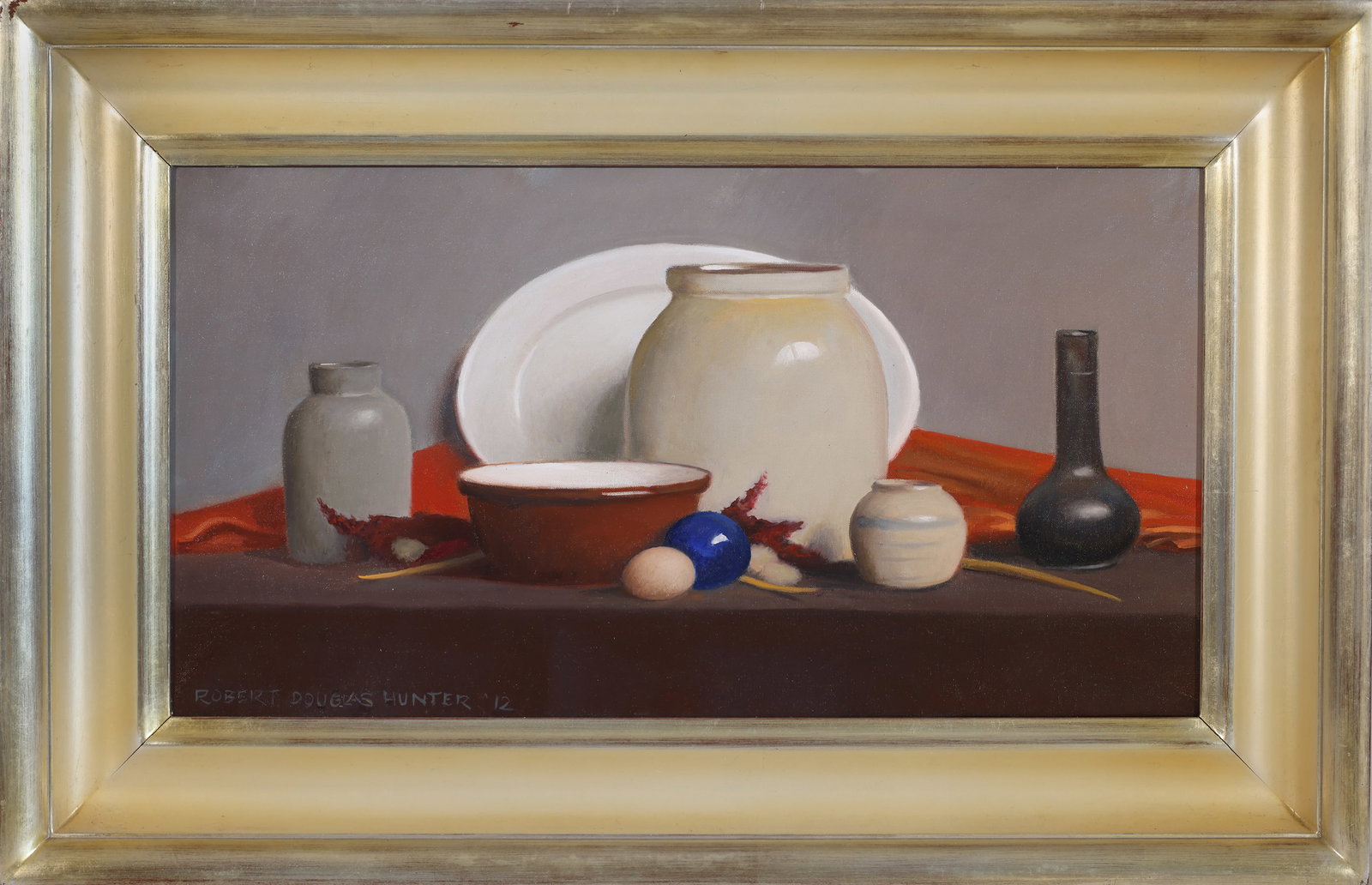 ROBERT DOUGLAS HUNTER (Massachusetts, 1928-2014), Arrangement with Blue and Brown., Oil on canvas,: ROBERT DOUGLAS HUNTER Massachusetts, 1928-2014 Arrangement with Blue and Brown. Signed lower left. Oil on canvas, 14" x 26". Framed 20" x 32".