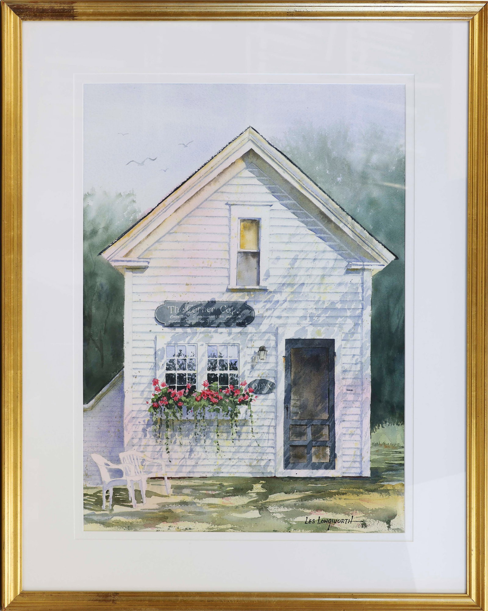 LES LONGWORTH (Massachusetts, 1936-2009), Corner Cape., Watercolor, 28" x 20". Framed 38" x 35".: LES LONGWORTH Massachusetts, 1936-2009 Corner Cape. Signed lower right. Watercolor, 28" x 20". Framed 38" x 35".