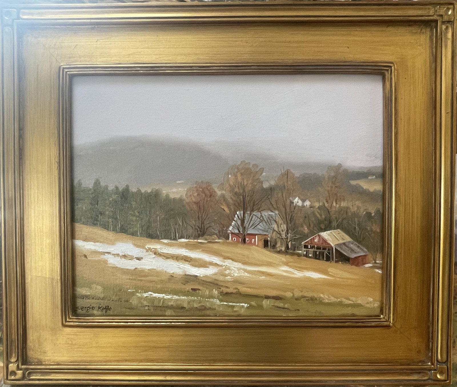 SERGIO ROFFO (Massachusetts/Italy, 1953-), Winter Farm Vermont, near Stowe., Oil on linen panel, 11": SERGIO ROFFO Massachusetts/Italy, 1953- Winter Farm Vermont, near Stowe. Signed lower left. Oil on linen panel, 11" x 14". Framed 16" x 19".