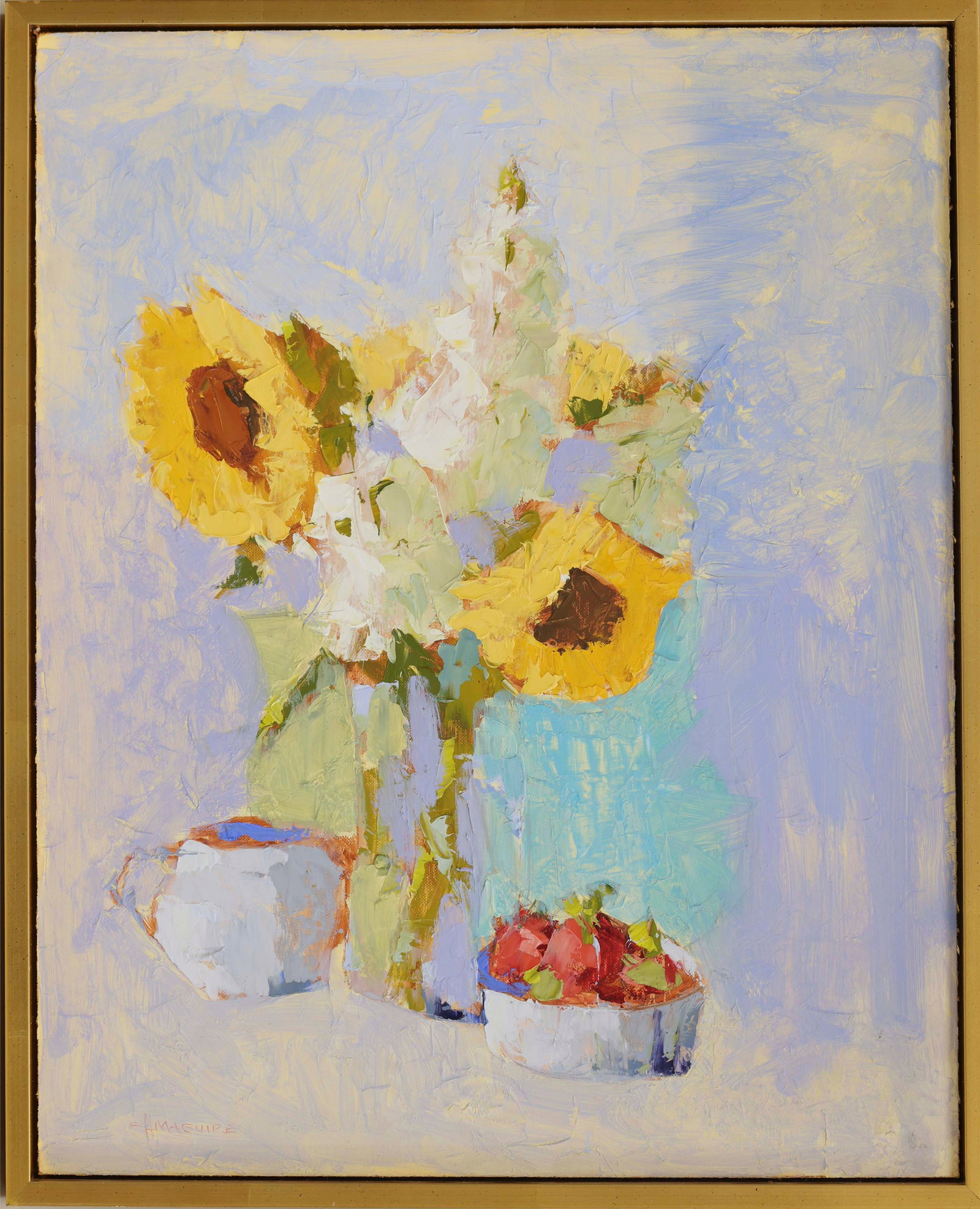 CAROL MAGUIRE (Pennsylvania/Massachusetts, 1953-), Sunflowers, Strawberries, and Sugar Bowl., Oil on (1 of 1)