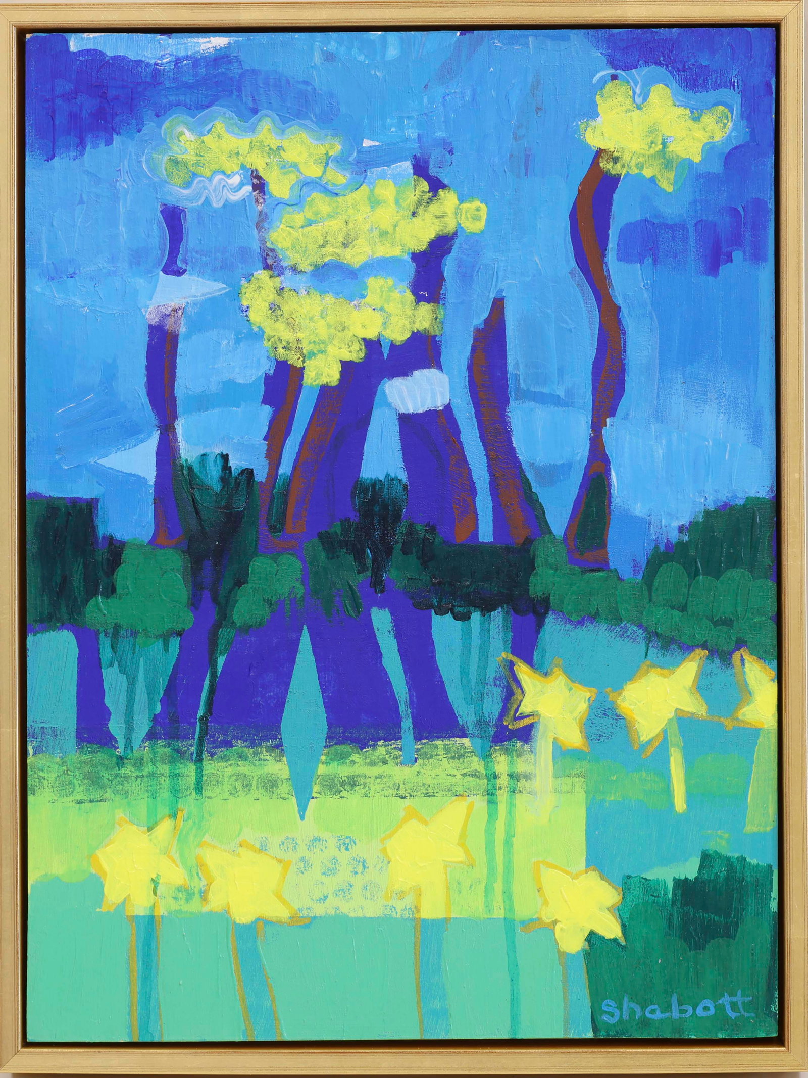 LAURA SHABOTT (Provincetown, Massachusetts, 1957-), Daffodils and Forsythia., Paint on birch panel, (1 of 1)