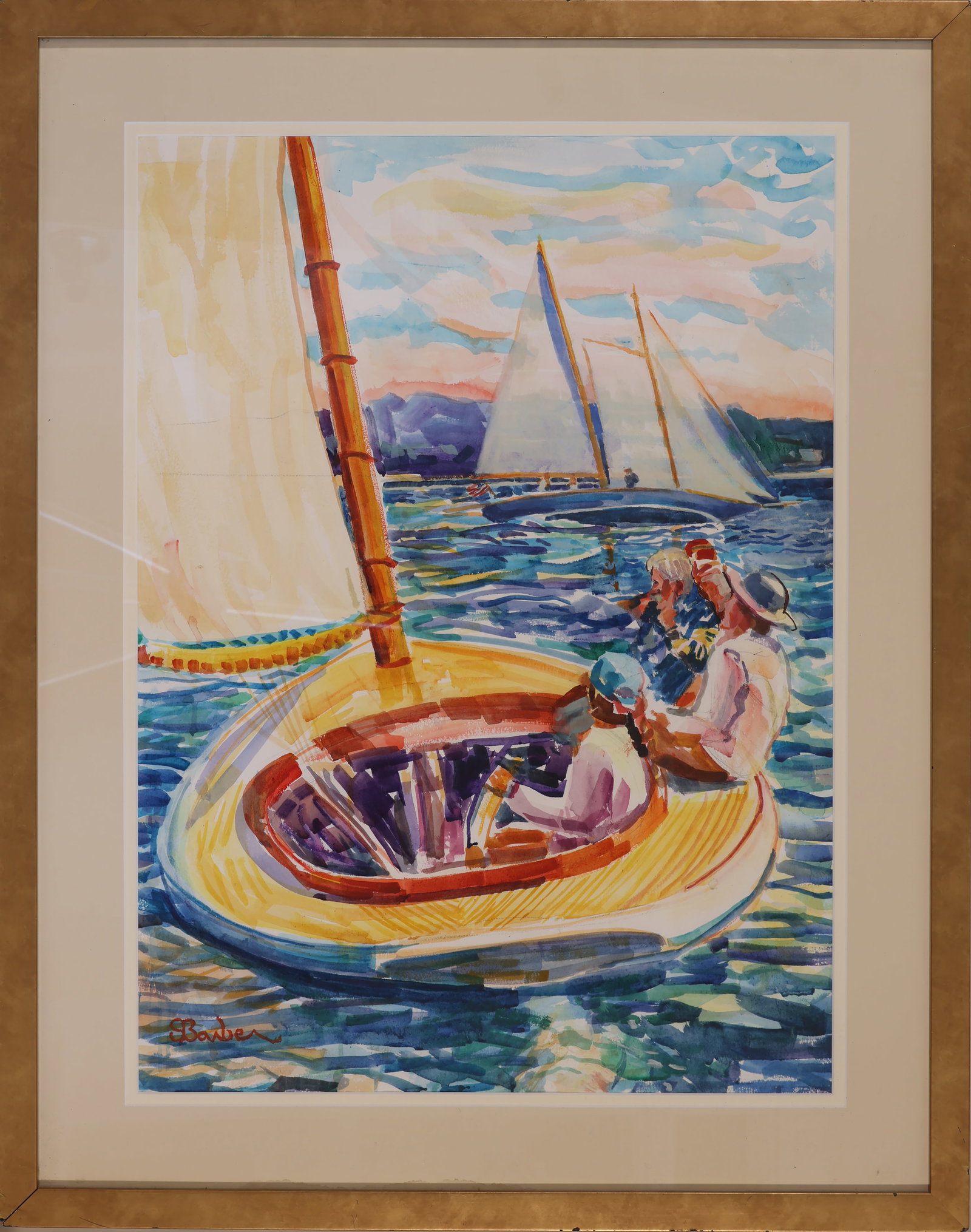 SAM BARBER (Centerville, Massachusetts/Italy, 1943-), Sailing Hyannis Port., Watercolor, 30" x 22".: SAM BARBER Centerville, Massachusetts/Italy, 1943- Sailing Hyannis Port. Signed lower right. Watercolor, 30" x 22". Framed 38" x 30".