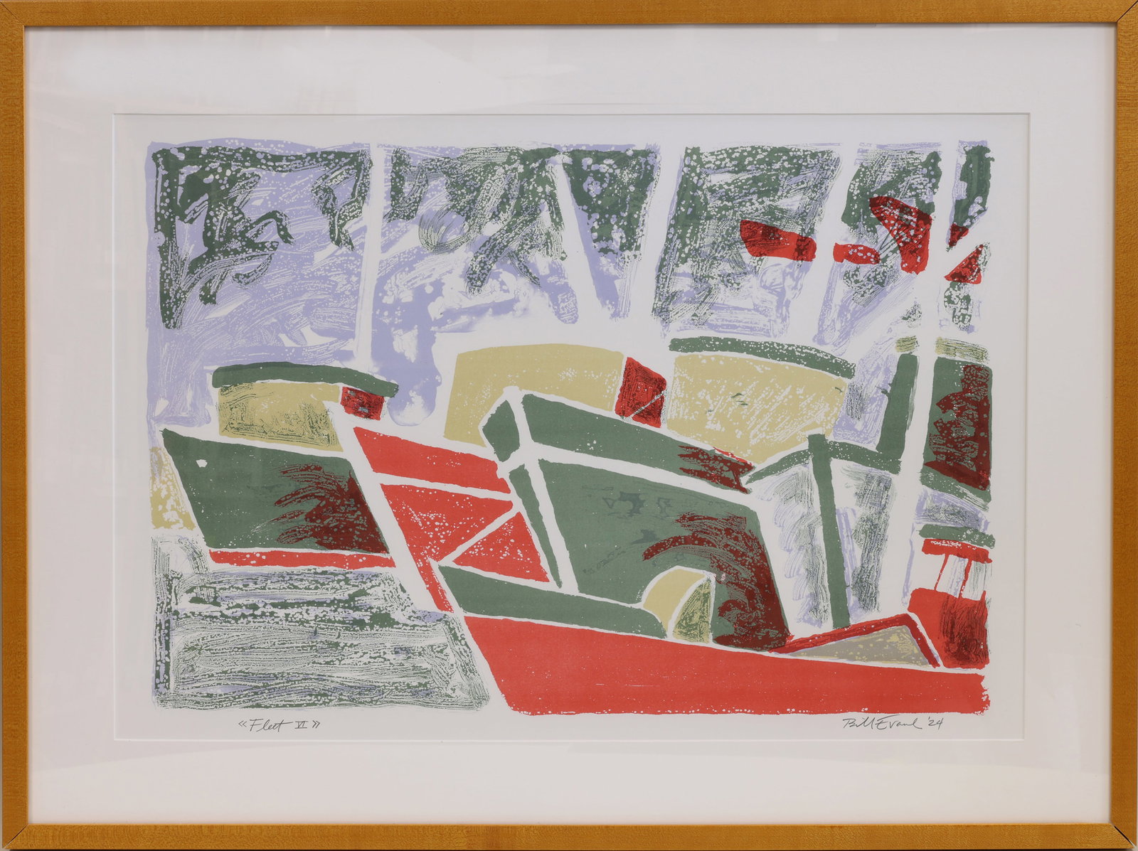 WILLIAM EVAUL (Provincetown, Massachusetts, 1949-), Fleet VI., White-line color woodcut, 20" x 29".: WILLIAM EVAUL Provincetown, Massachusetts, 1949- Fleet VI. Signed and titled lower margin. White-line color woodcut, 20" x 29". Framed 27" x 36".