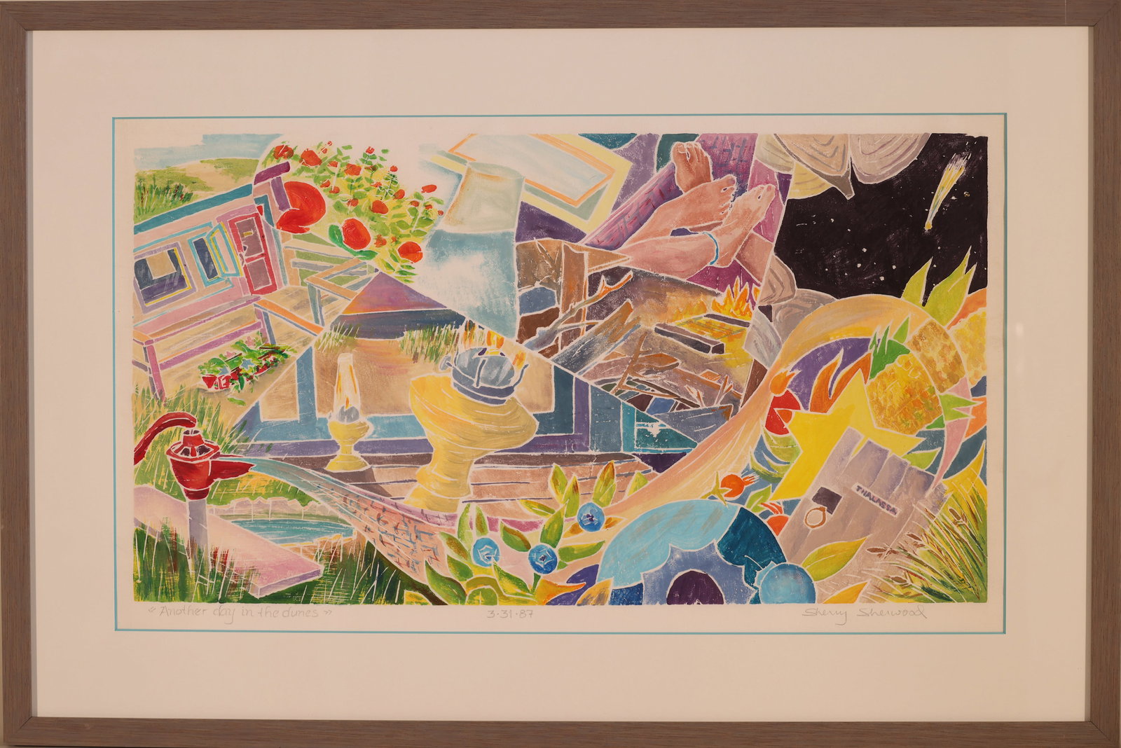 SHERRY SHERWOOD (Maryland/Massachusetts, Contemporary), Another Day in the Dunes., White-line color: SHERRY SHERWOOD Maryland/Massachusetts, Contemporary Another Day in the Dunes. Signed and titled lower margin. White-line color woodcut, 12" x 22". Framed 20" x 30".