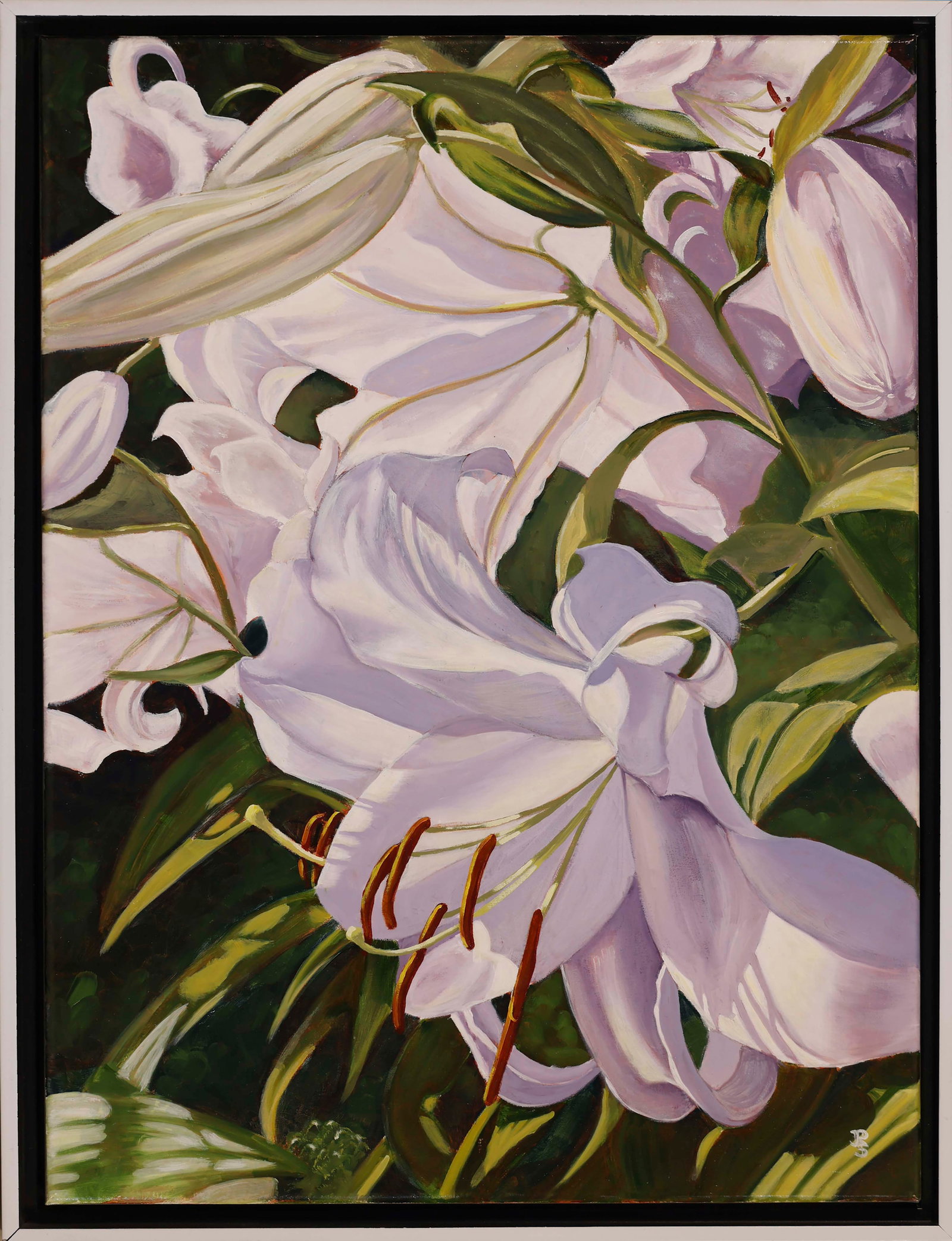 JODY SHYLLBERG (Massachusetts, Contemporary), Sunlit Lilies., Oil on canvas, 24" x 18". Framed 25.5": JODY SHYLLBERG Massachusetts, Contemporary Sunlit Lilies. Monogrammed lower right. Oil on canvas, 24" x 18". Framed 25.5" x 19.5".