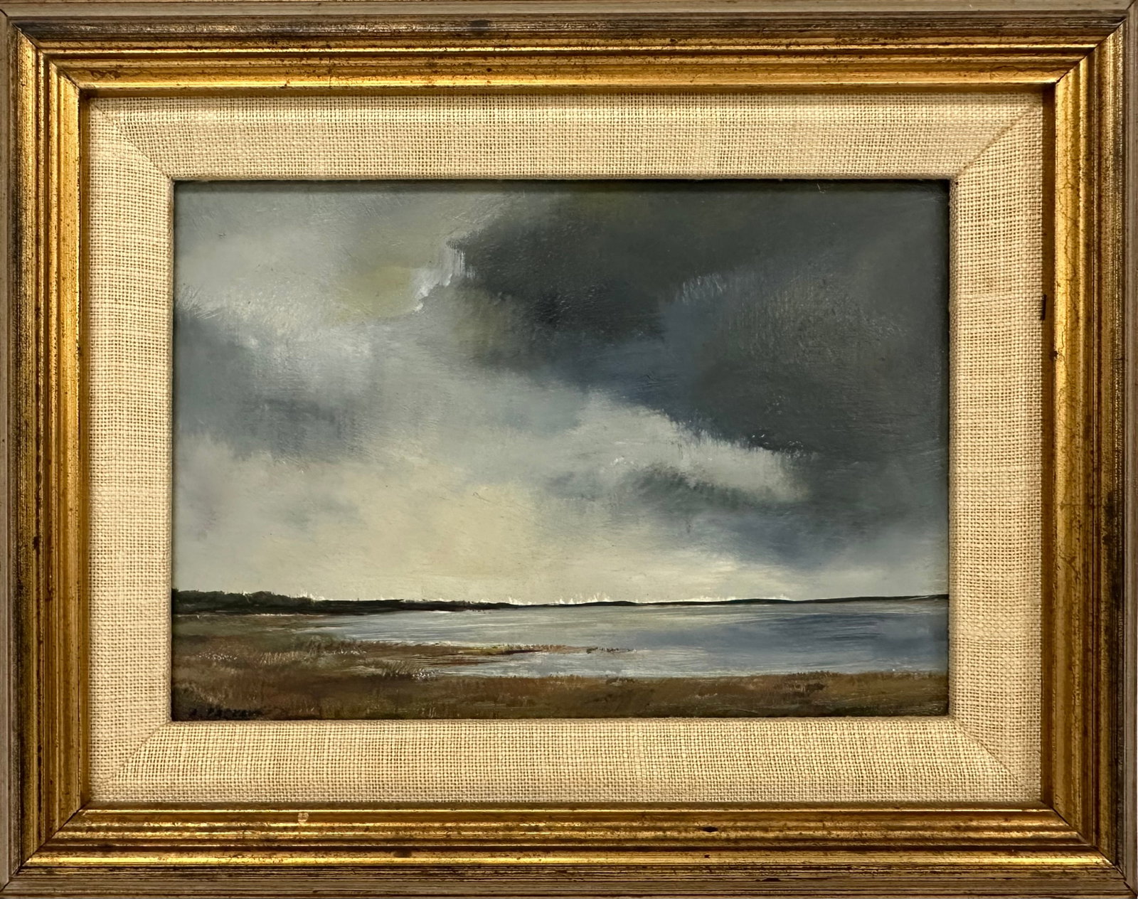 ANNE PACKARD Massachusetts/New Jersey, 1933-, Dramatic sky over the bay. Oil on board, 5" x 7". Fram (1 of 3)