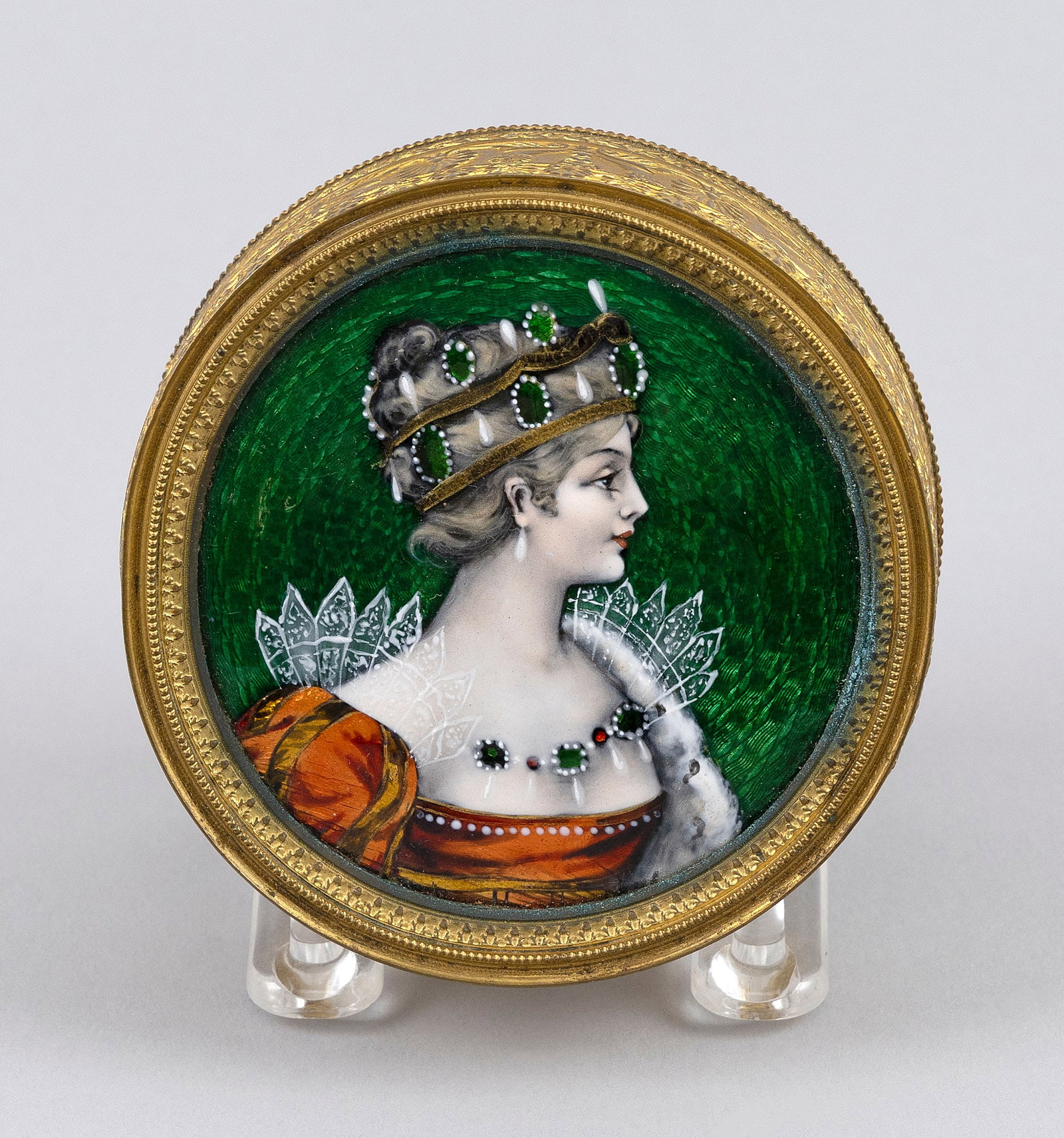 PAINTED AND ENAMELED PORTRAIT MINIATURE OF A YOUNG WOMAN 19th Century Portrait diameter 3" sight.: PAINTED AND ENAMELED PORTRAIT MINIATURE OF A YOUNG WOMAN 19th Century Wearing a crown and jeweled necklace. Set in the top of a gilt box. Portrait diameter 3" sight. Box height 1.25".