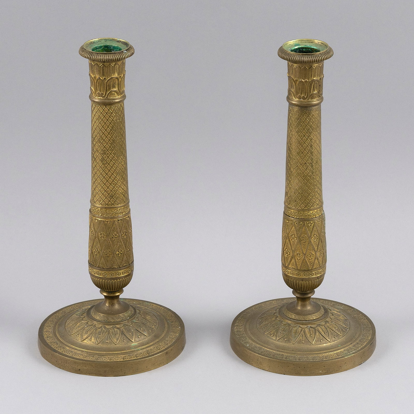 PAIR OF FRENCH EMPIRE BRONZE CANDLESTICKS Early 19th Century Heights 9.5". (1 of 3)