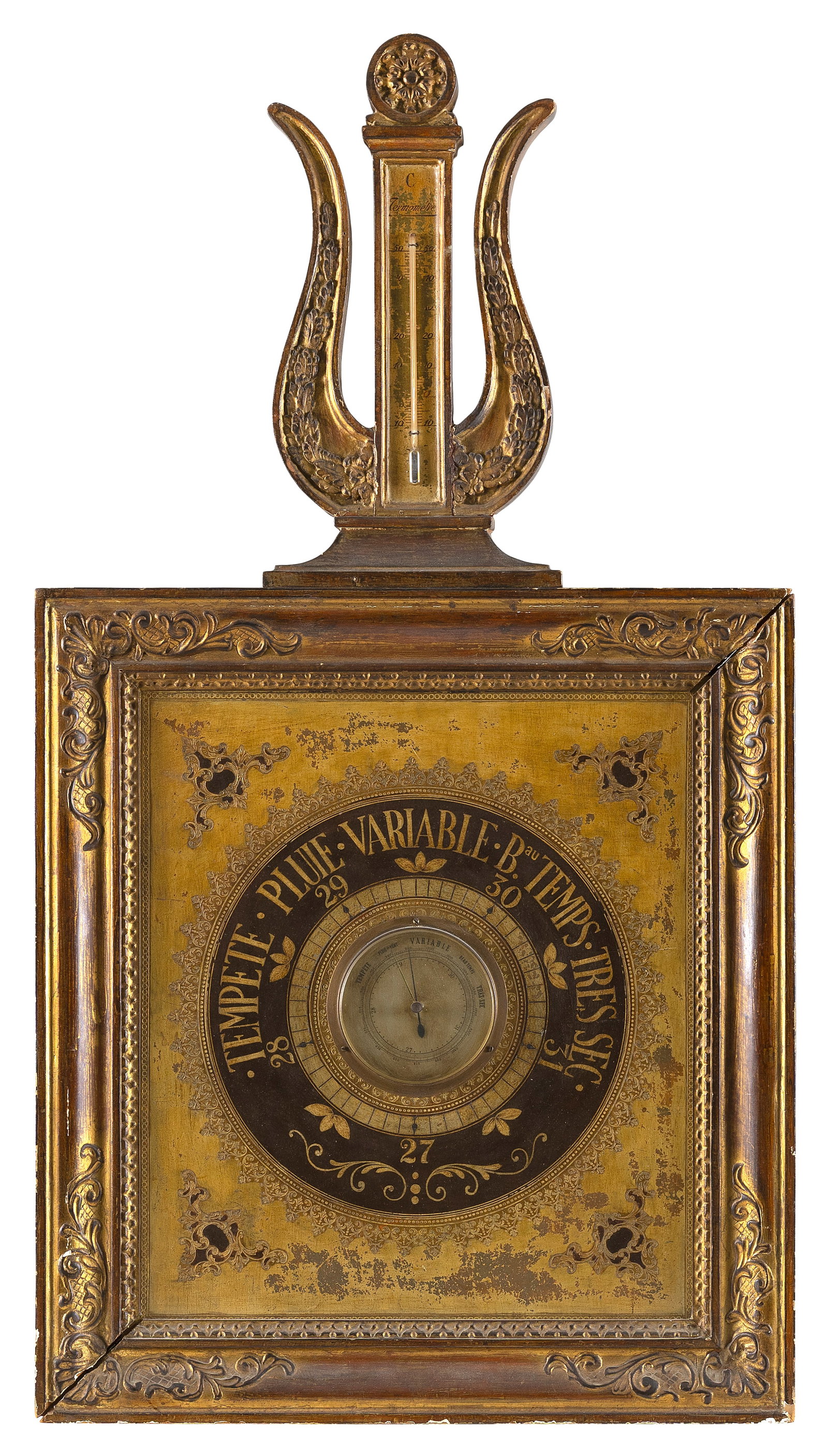 CHARLES X GILTWOOD BAROMETER-THERMOMETER France, Early 19th Century Height 35". Width 19". Depth (1 of 2)