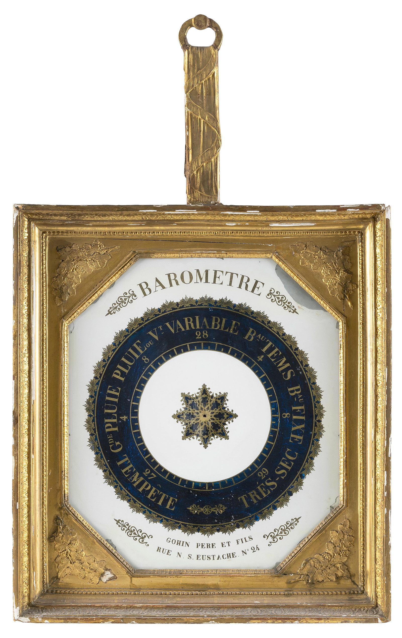 CHARLES X GILTWOOD BAROMETER France, Early 19th Century Height 38.5". Width 23".: CHARLES X GILTWOOD BAROMETER France, Early 19th Century Giltwood frame with octagonal aperture. Eglomis? glass face. Height 38.5". Width 23".