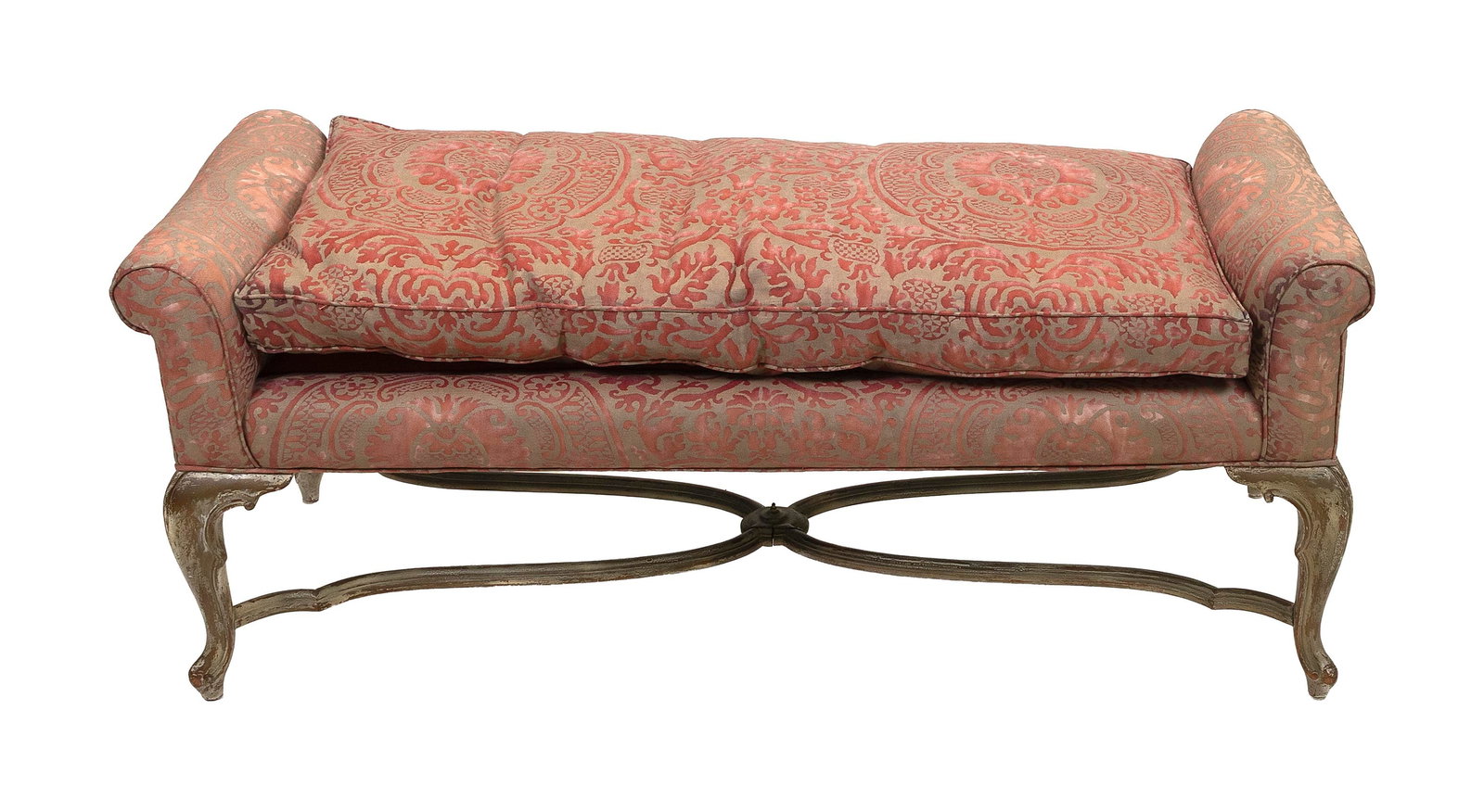 FRENCH LOUIS XV-STYLE WINDOW BENCH UPHOLSTERED IN FORTUNY FABRIC 19th Century Height 21". Width 50".: FRENCH LOUIS XV-STYLE WINDOW BENCH UPHOLSTERED IN FORTUNY FABRIC 19th Century Red and beige damask upholstery. Curved legs and shaped X-stretcher in an old gilt finish. Height 21". Width 50". Depth 19